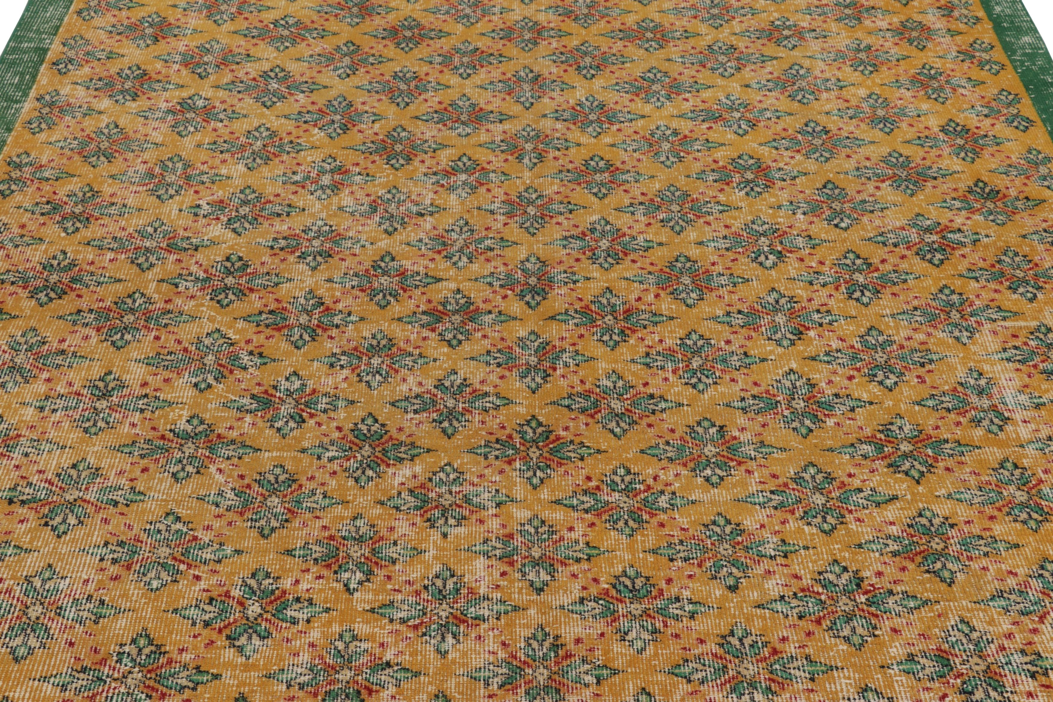 Turkish Vintage Distressed Rug, Gold field & Green Geometric Floral Motifs - Rug & Kili For Sale