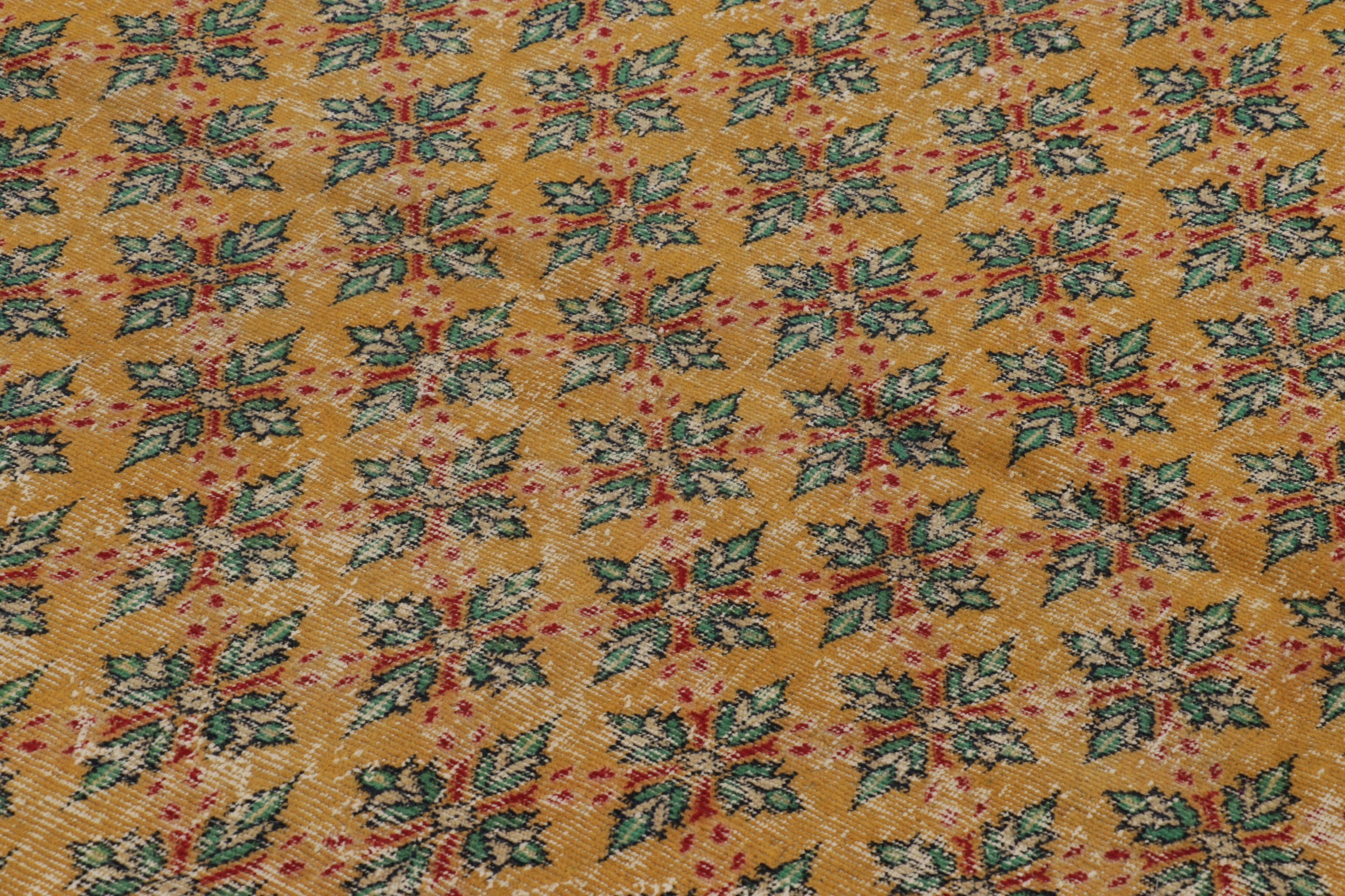 Hand-Knotted Vintage Distressed Rug, Gold field & Green Geometric Floral Motifs - Rug & Kili For Sale