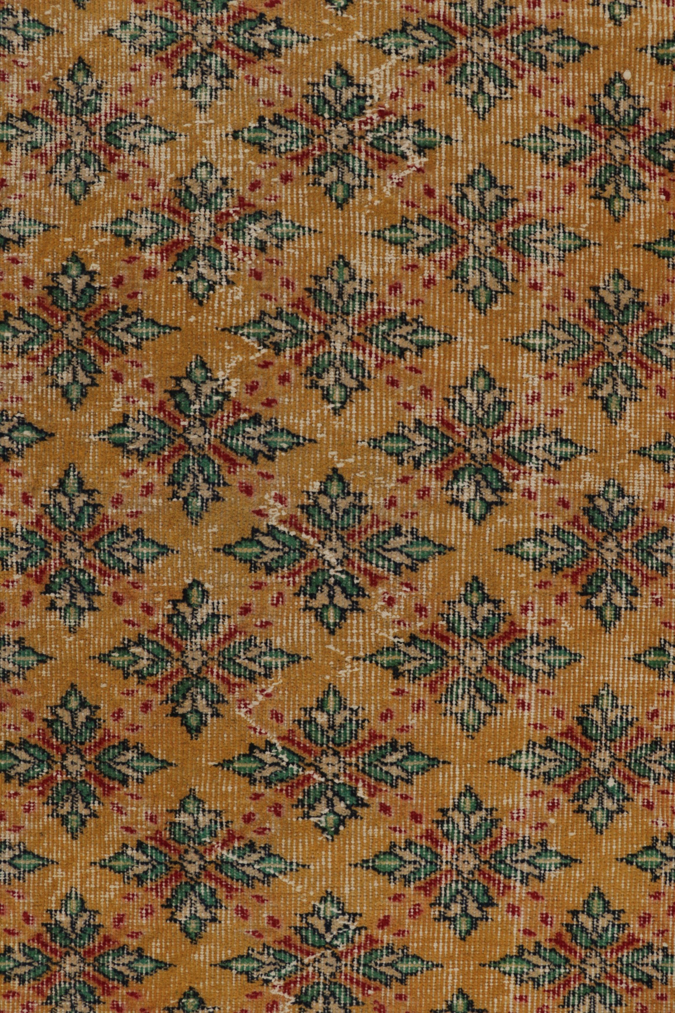 Vintage Distressed Rug, Gold field & Green Geometric Floral Motifs - Rug & Kili In Good Condition For Sale In Long Island City, NY