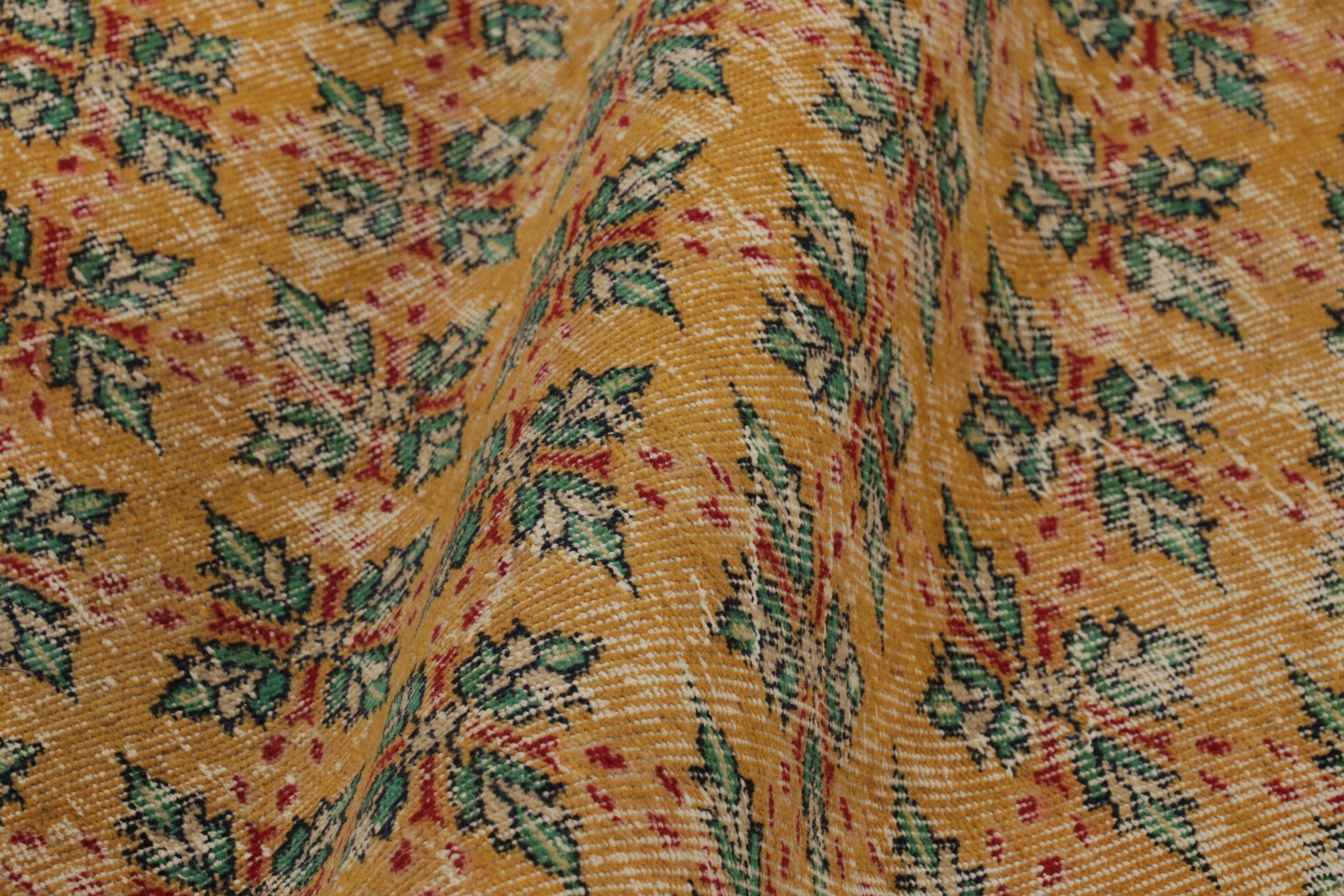 Mid-17th Century Vintage Distressed Rug, Gold field & Green Geometric Floral Motifs - Rug & Kili For Sale