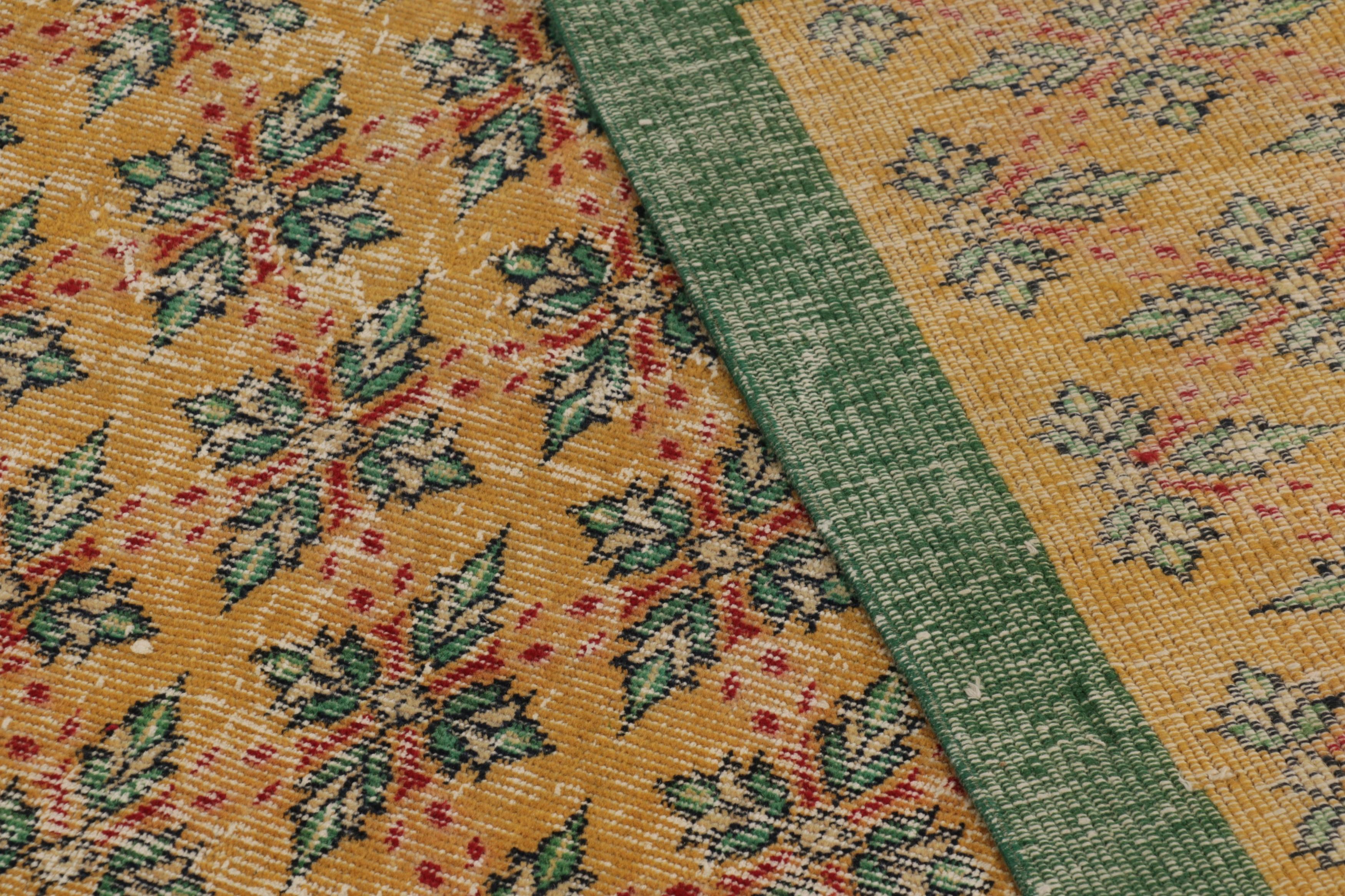 Wool Vintage Distressed Rug, Gold field & Green Geometric Floral Motifs - Rug & Kili For Sale