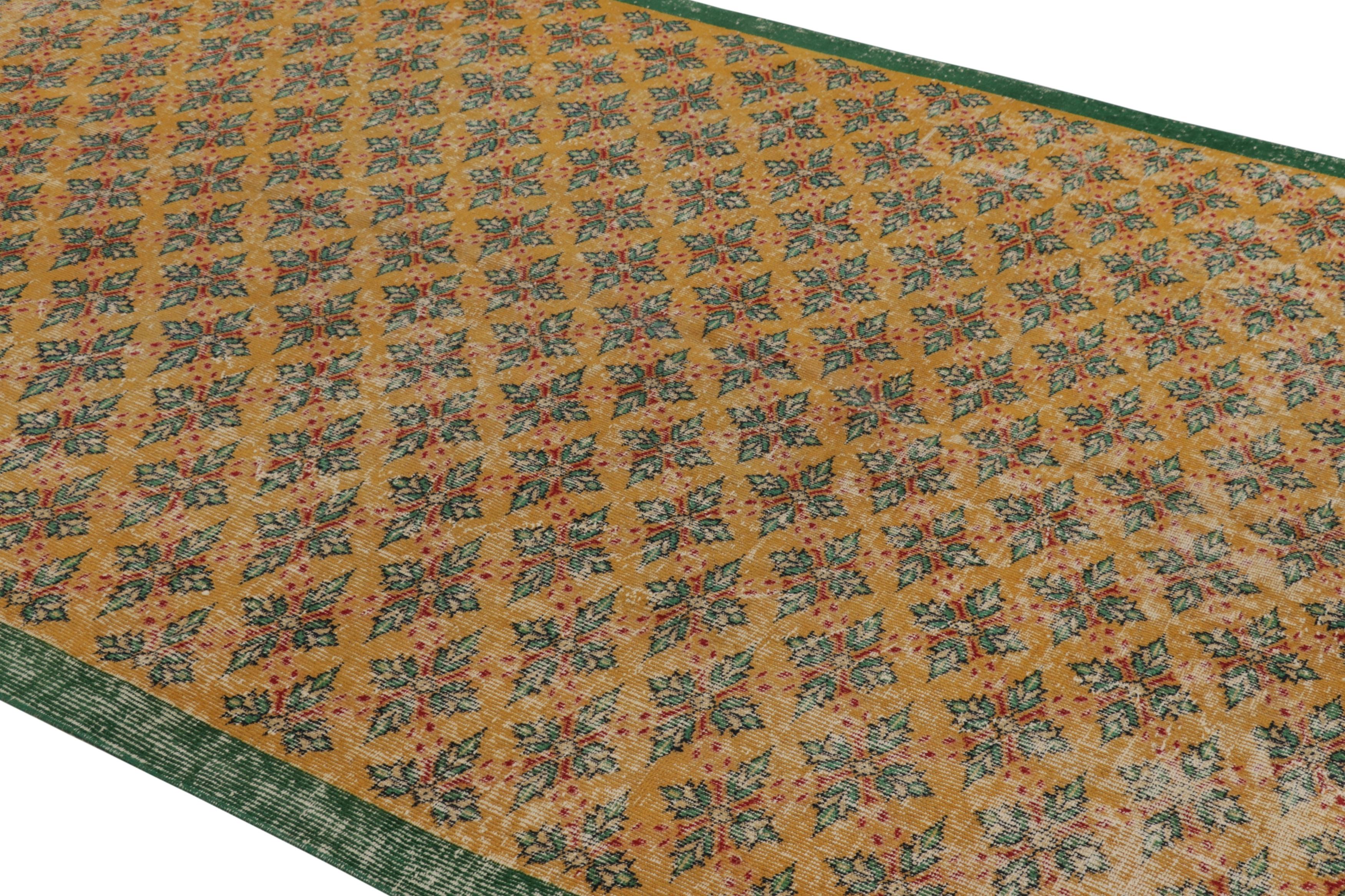 Vintage Distressed Rug, Gold field & Green Geometric Floral Motifs - Rug & Kili For Sale 1