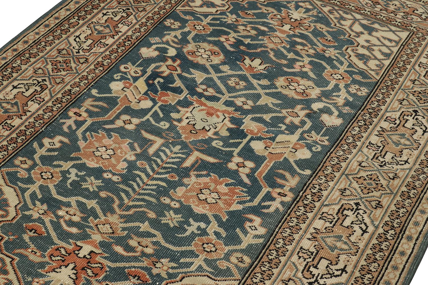 Hand-Knotted Vintage Distressed Rug in Blue, Beige and Rust Floral Pattern, by Rug & Kilim For Sale