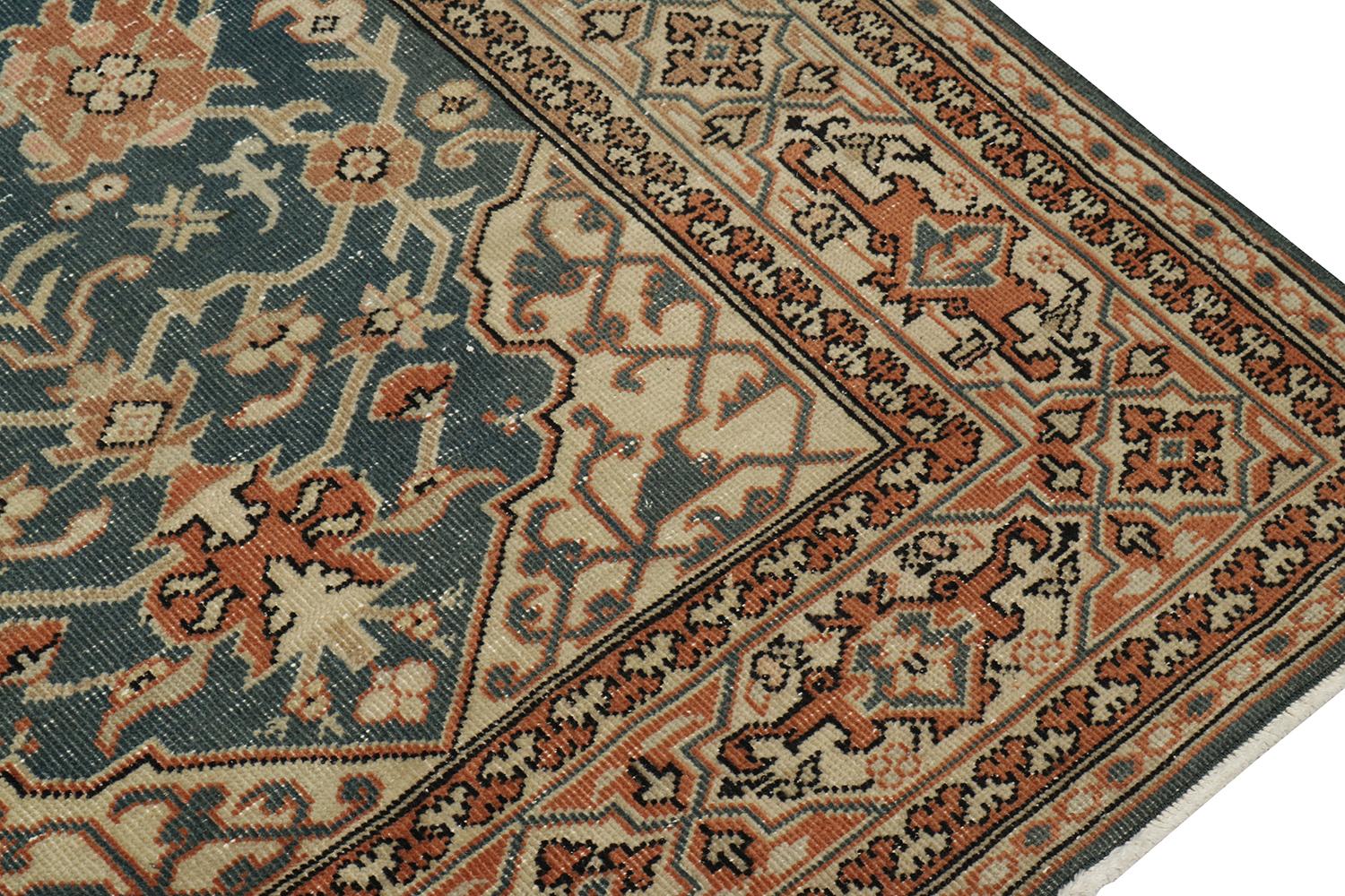 Vintage Distressed Rug in Blue, Beige and Rust Floral Pattern, by Rug & Kilim In Good Condition For Sale In Long Island City, NY