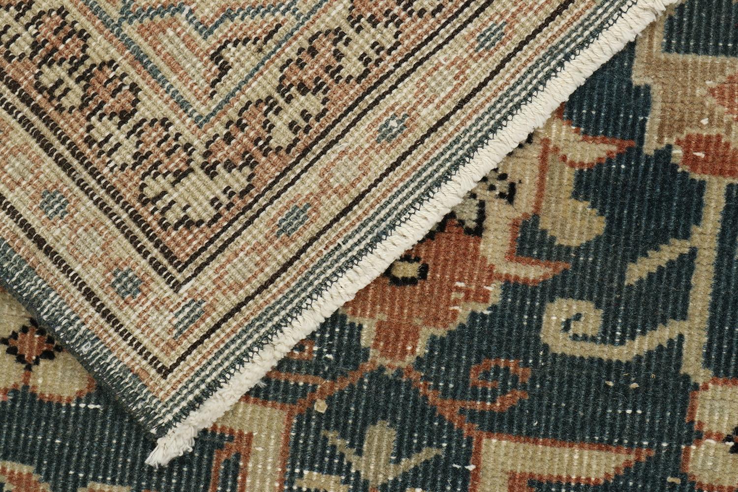 Wool Vintage Distressed Rug in Blue, Beige and Rust Floral Pattern, by Rug & Kilim For Sale