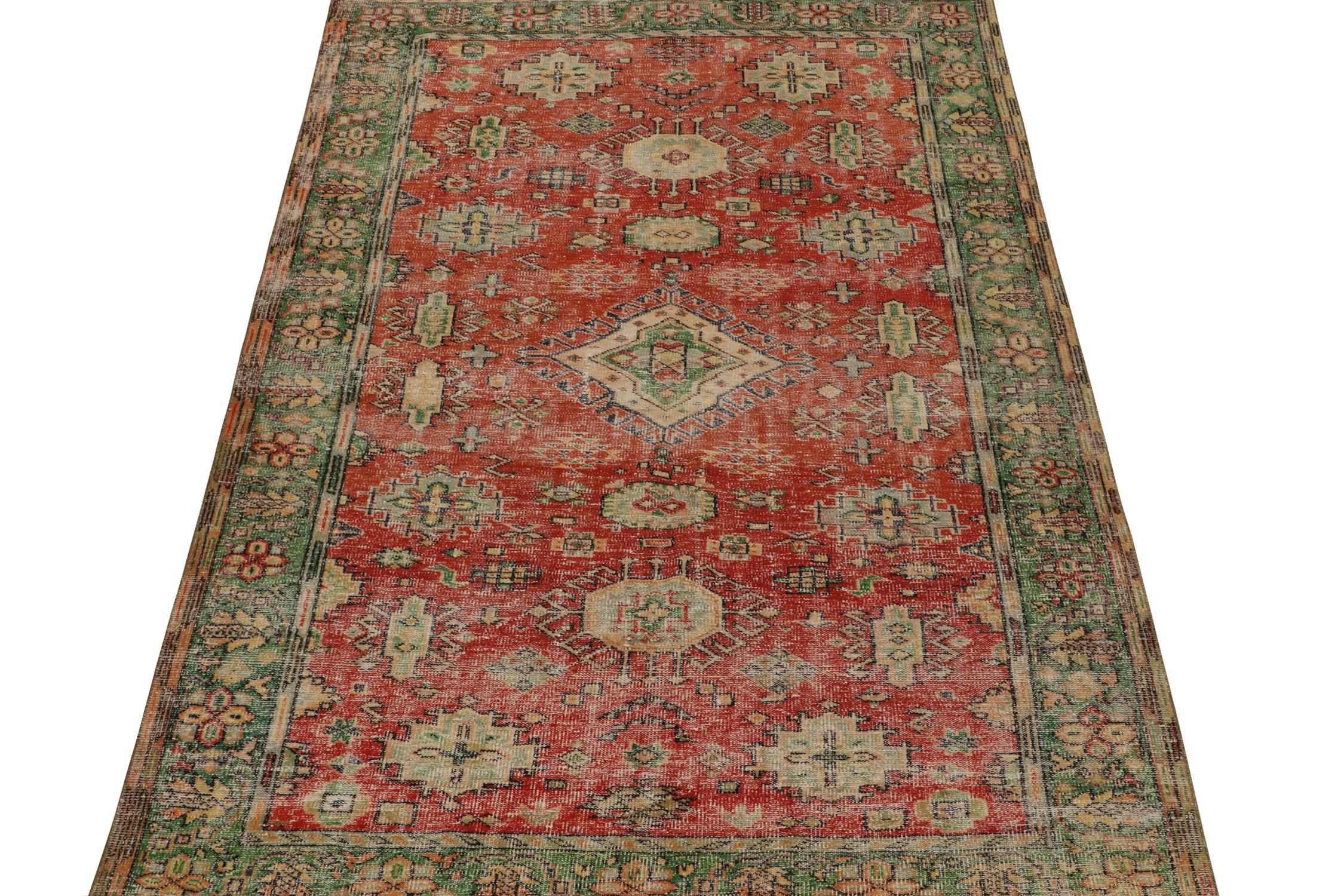 Tribal Vintage Distressed Rug in Red with Green and Beige Medallions, by Rug & Kilim For Sale