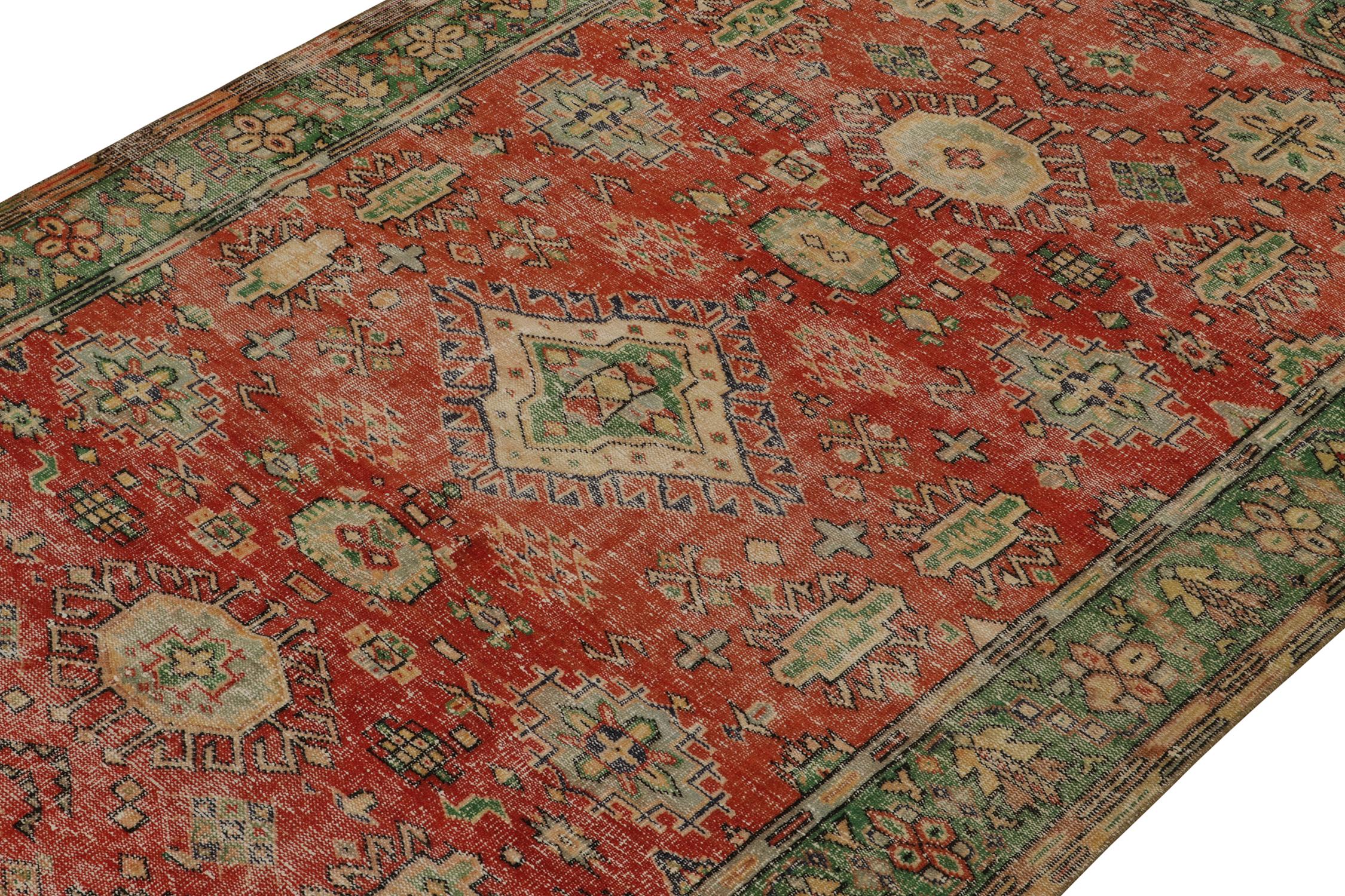 Turkish Vintage Distressed Rug in Red with Green and Beige Medallions, by Rug & Kilim For Sale