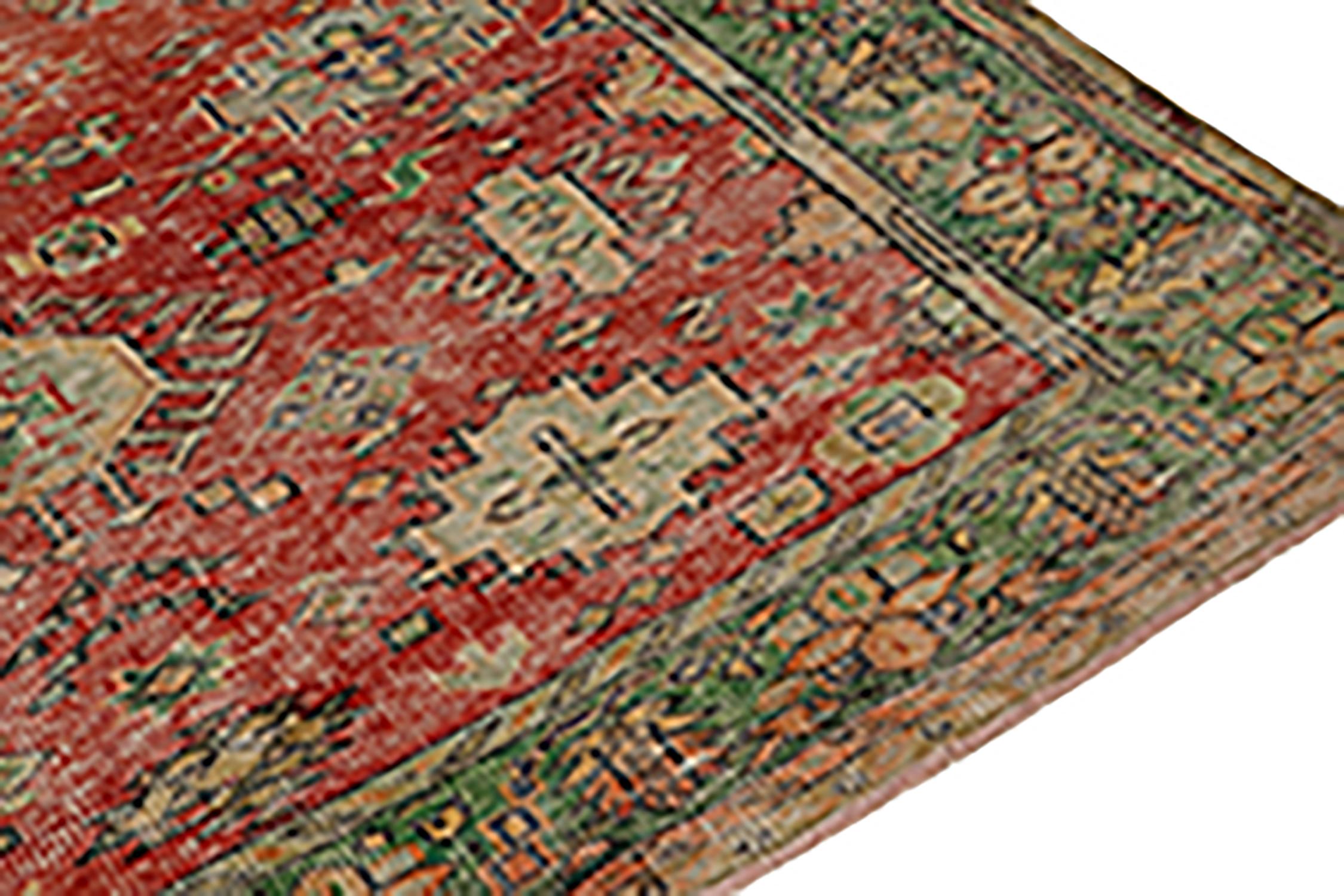 Hand-Knotted Vintage Distressed Rug in Red with Green and Beige Medallions, by Rug & Kilim For Sale