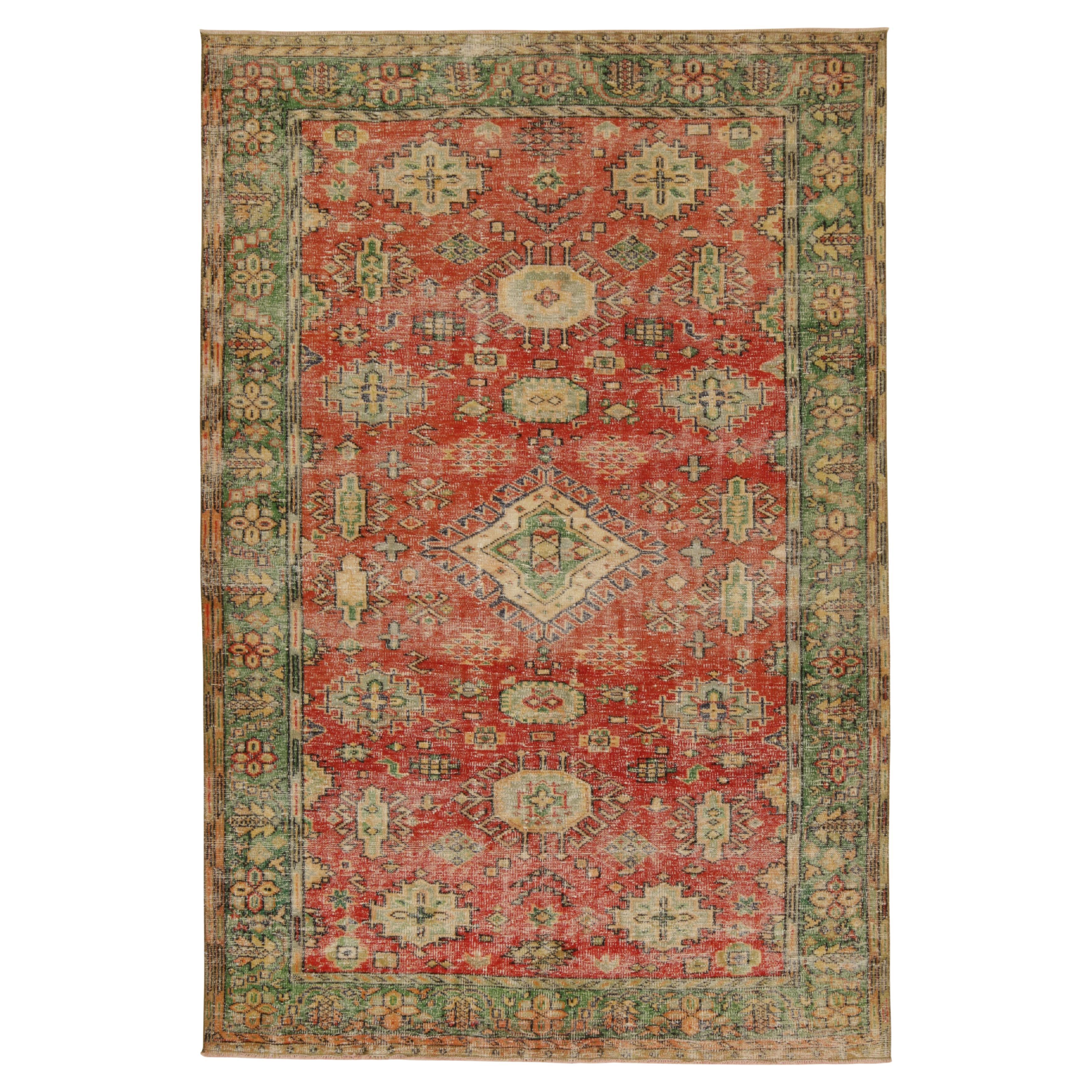 Vintage Distressed Rug in Red with Green and Beige Medallions, by Rug & Kilim