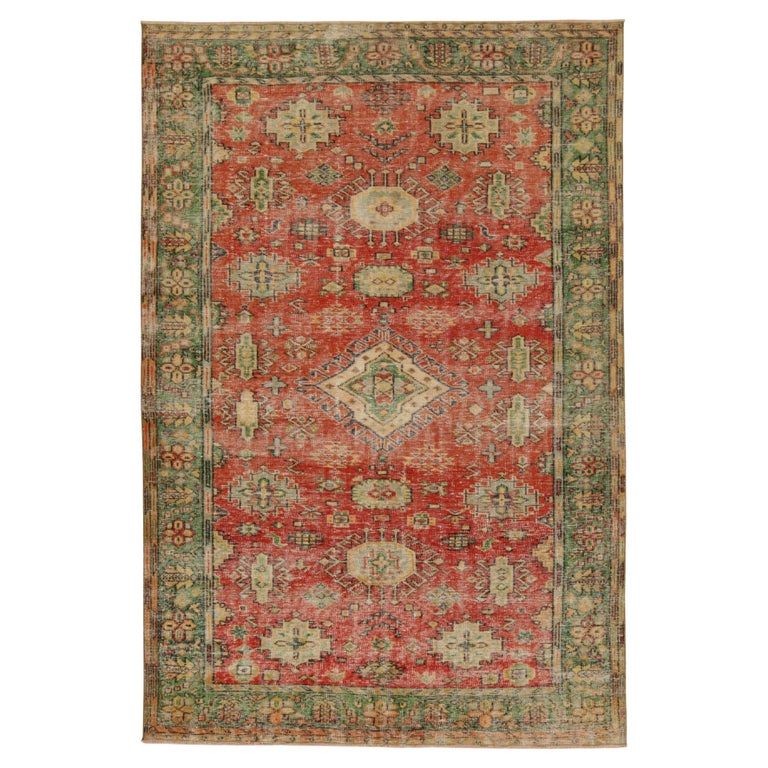 Vintage Distressed Rug in Red with Green and Beige Medallions, by Rug and Kilim For Sale at 1stDibs
