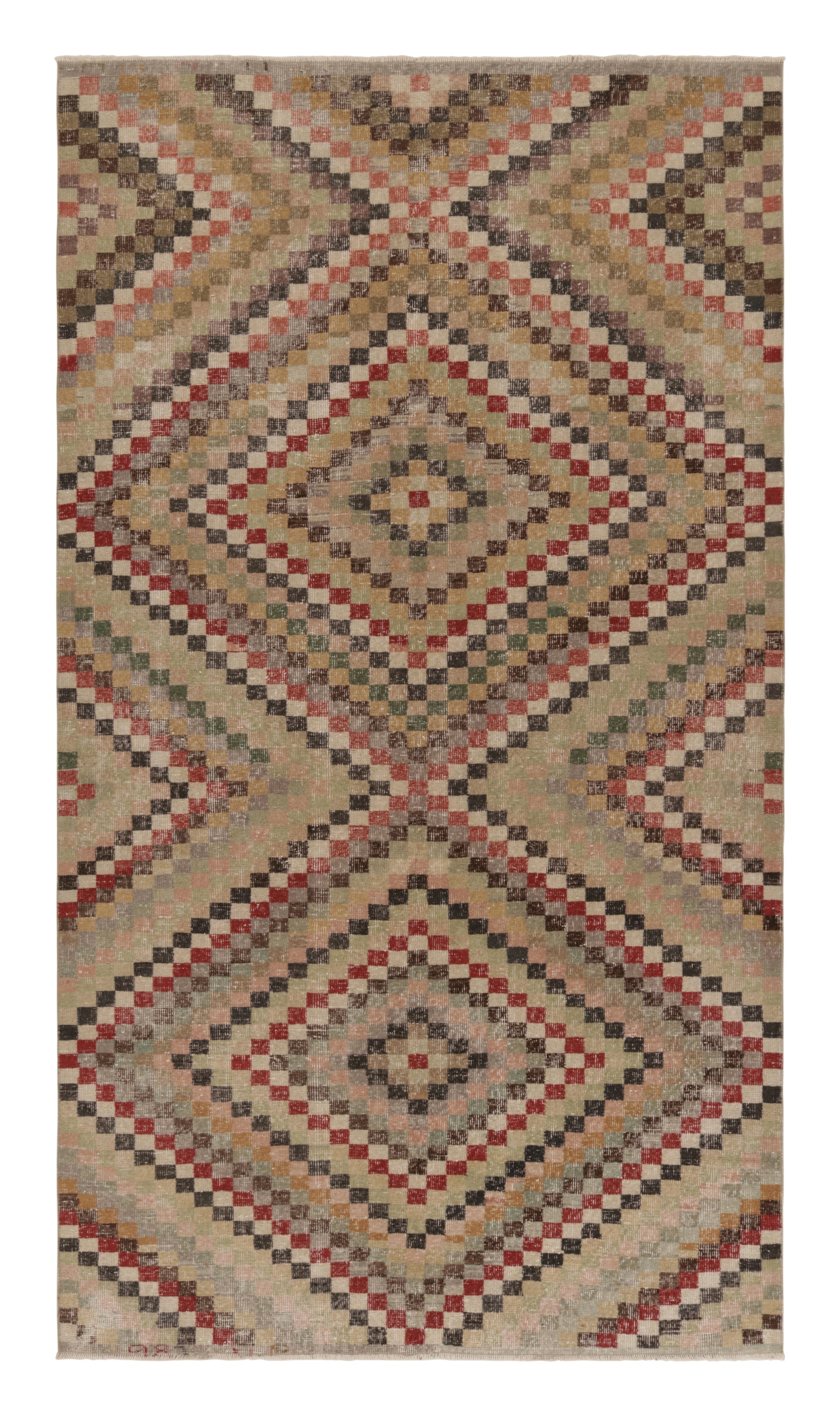 Vintage Distressed Rug, Multicolor Geometric Diamond Mosaic - Rug & Kilim