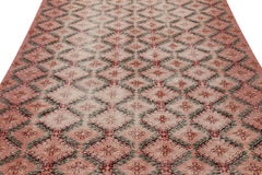 Vintage Distressed Rug, Pink and Green Geometric Floral Pattern - Rug & Kilim