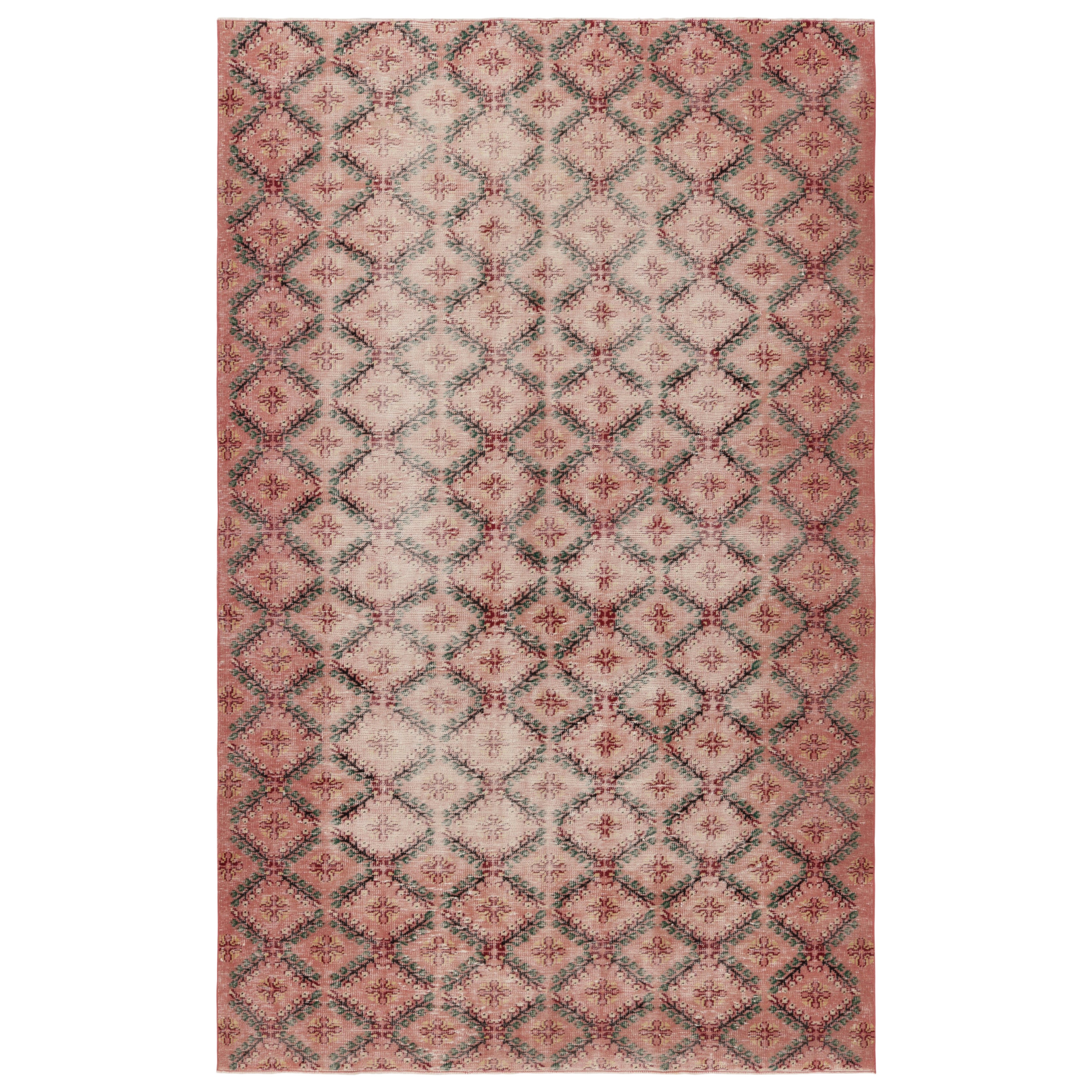 Vintage Distressed Rug, Rosa und Grün Geometrisches Blumenmuster - Rug 
Kilim