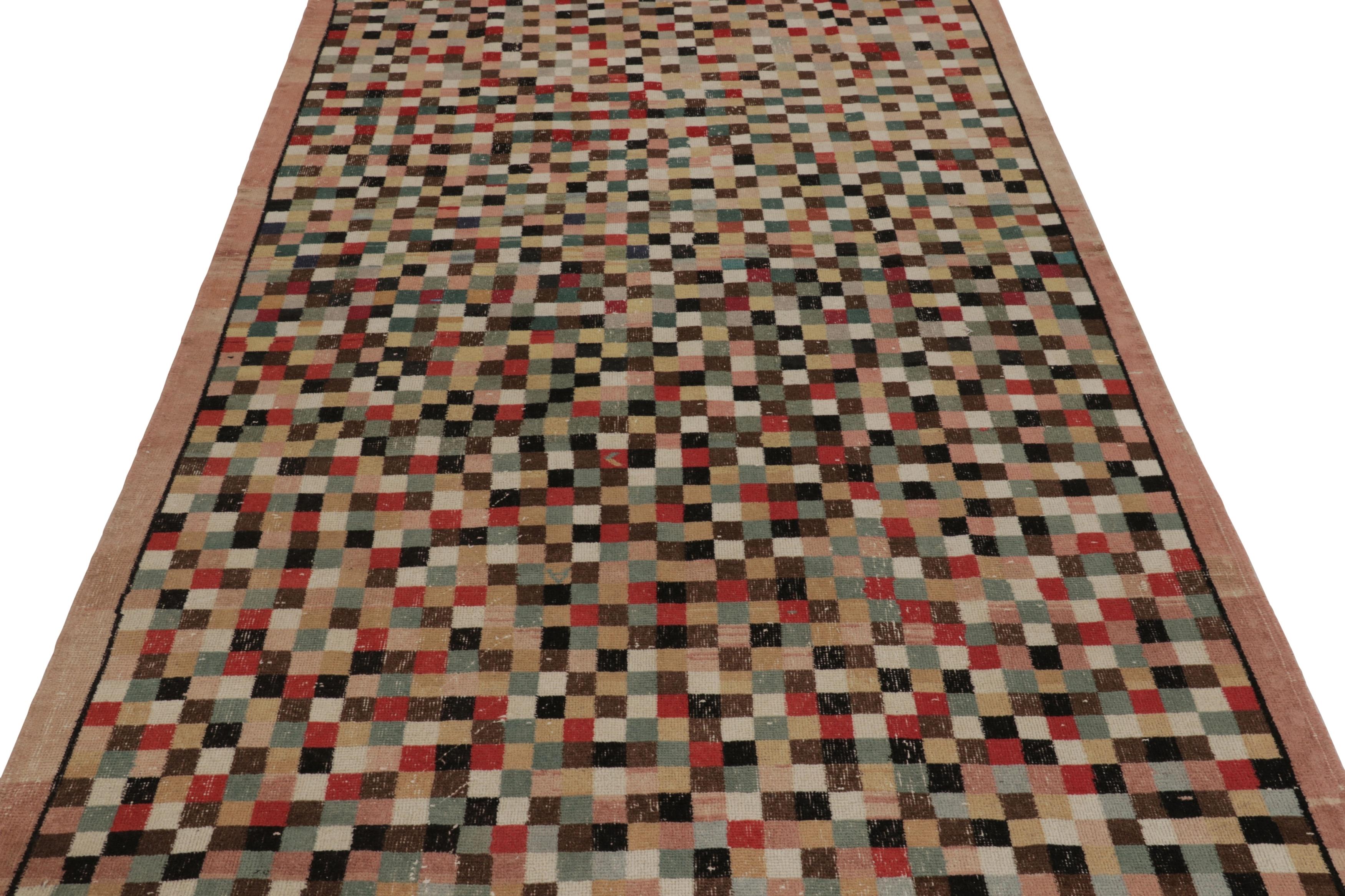 Wool Vintage Distressed Rug, Polychromatic Checkered Pattern - Rug & Kilim For Sale