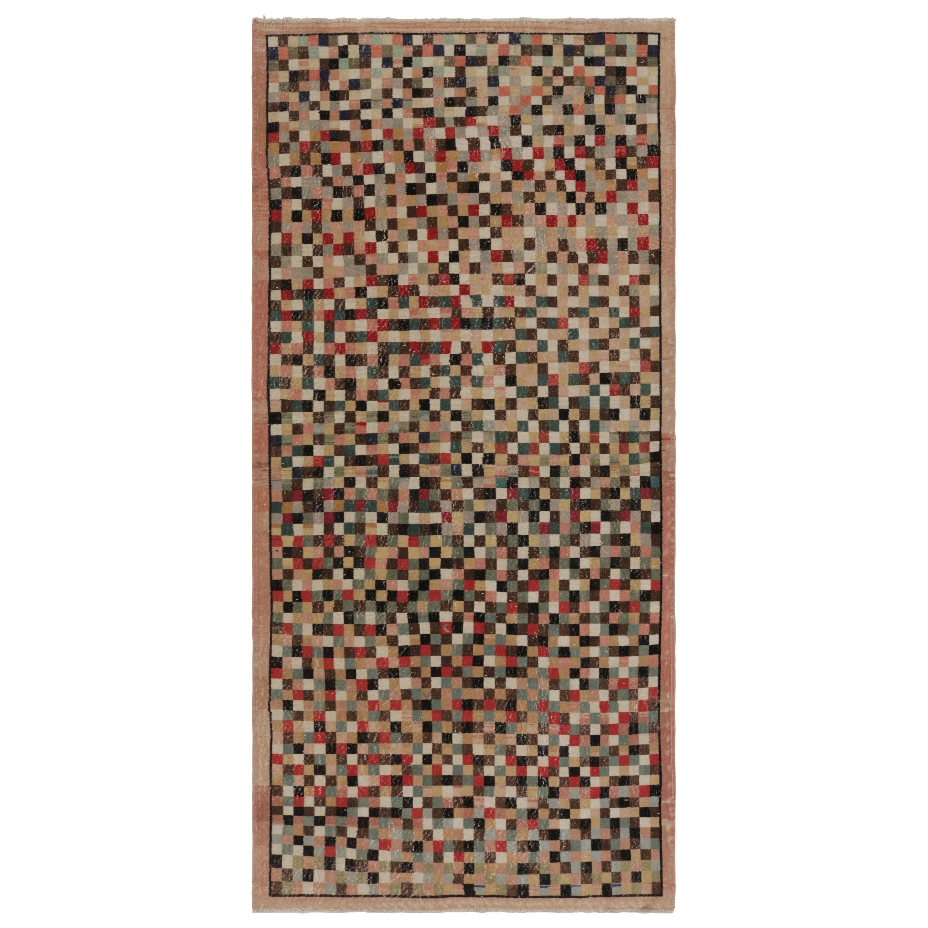 Vintage Distressed Rug, Polychromatic Checkered Pattern - Rug & Kilim For Sale