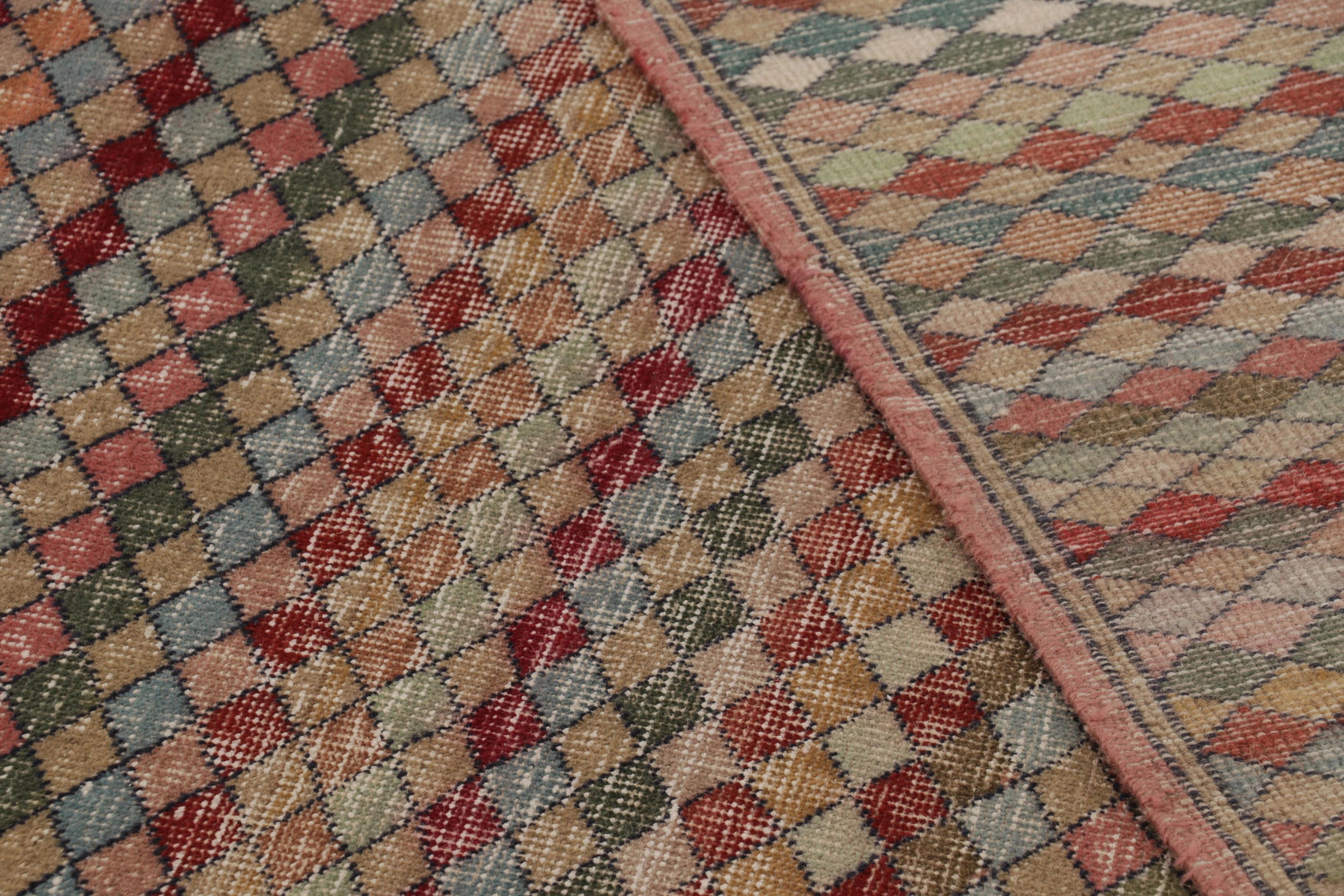 Wool Vintage Distressed Rug, Polychromatic Diamond Geometric Pattern - Rug & Kilim For Sale