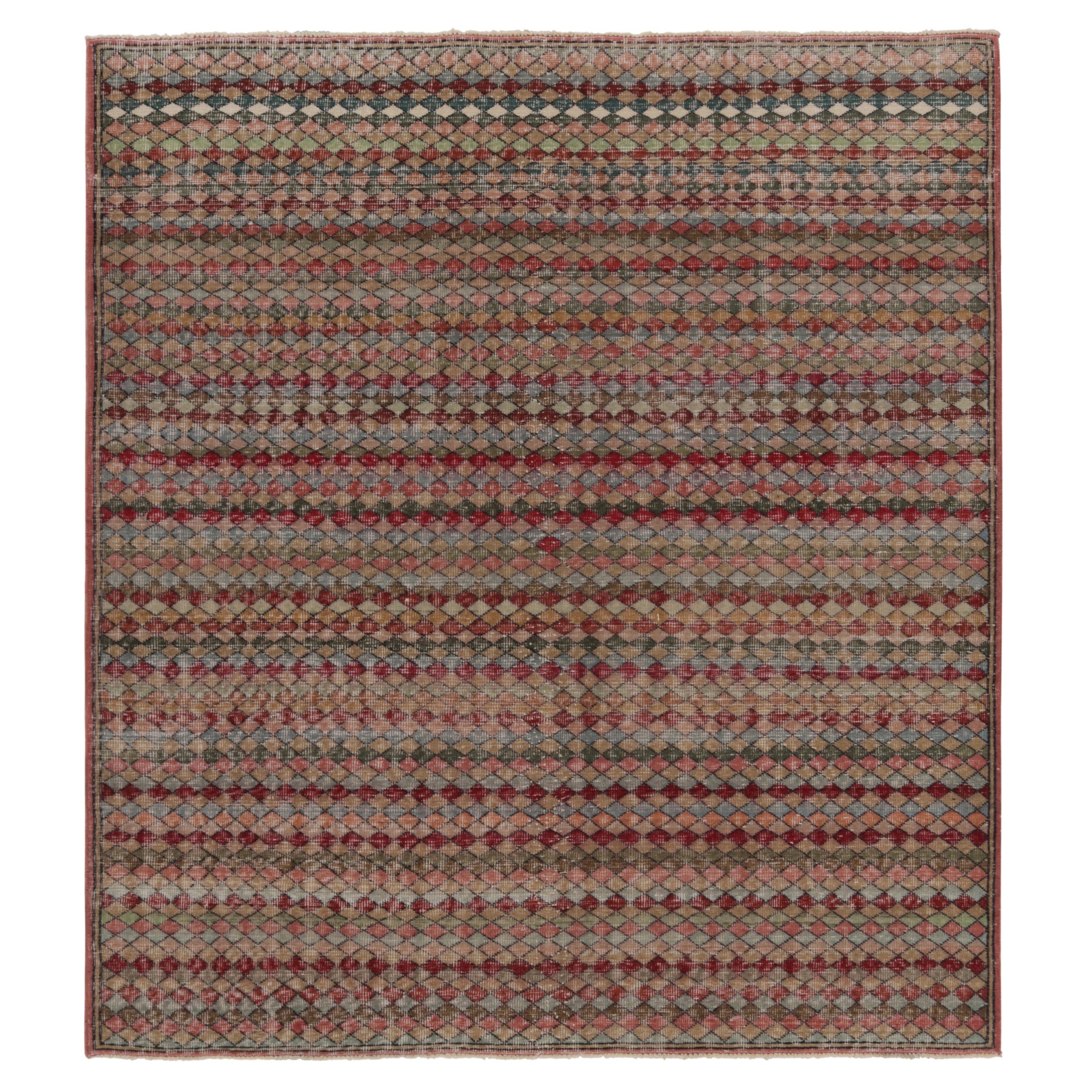 Vintage Distressed Rug, Polychromatic Diamond Geometric Pattern - Rug & Kilim