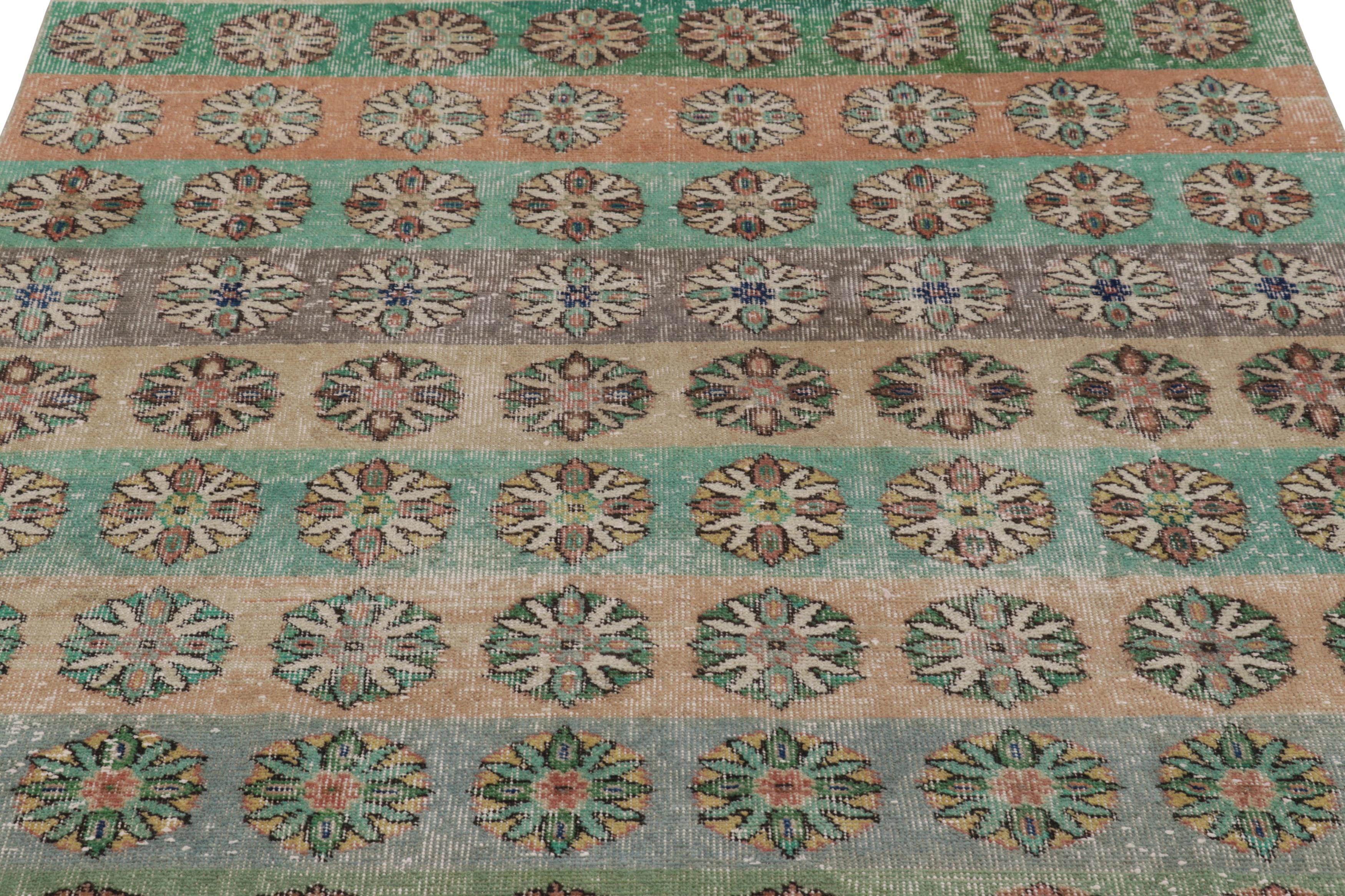 Turkish Vintage Distressed Rug, Polychromatic Geometric Floral Motifs - Rug & Kilim For Sale