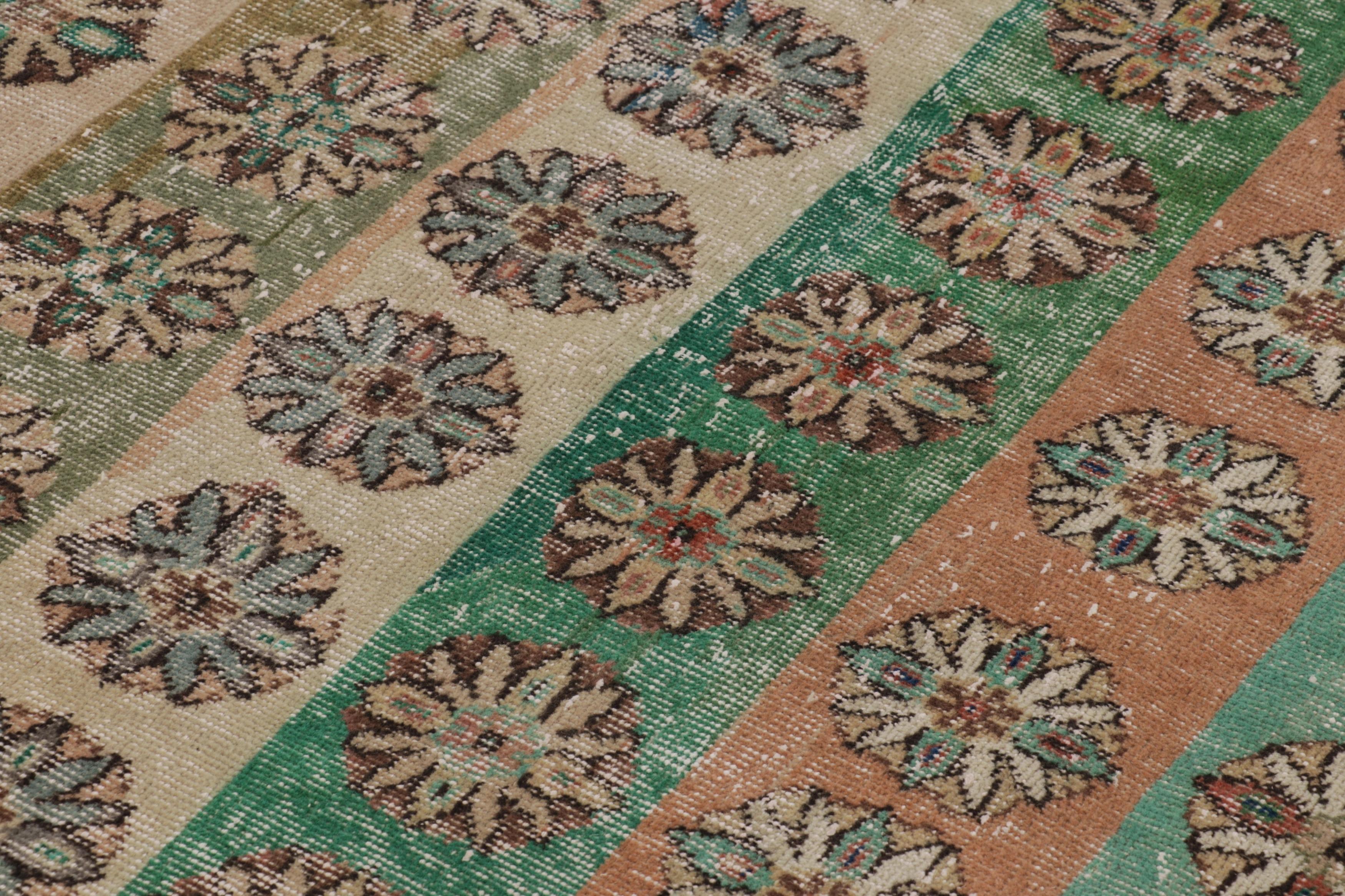 Hand-Knotted Vintage Distressed Rug, Polychromatic Geometric Floral Motifs - Rug & Kilim For Sale