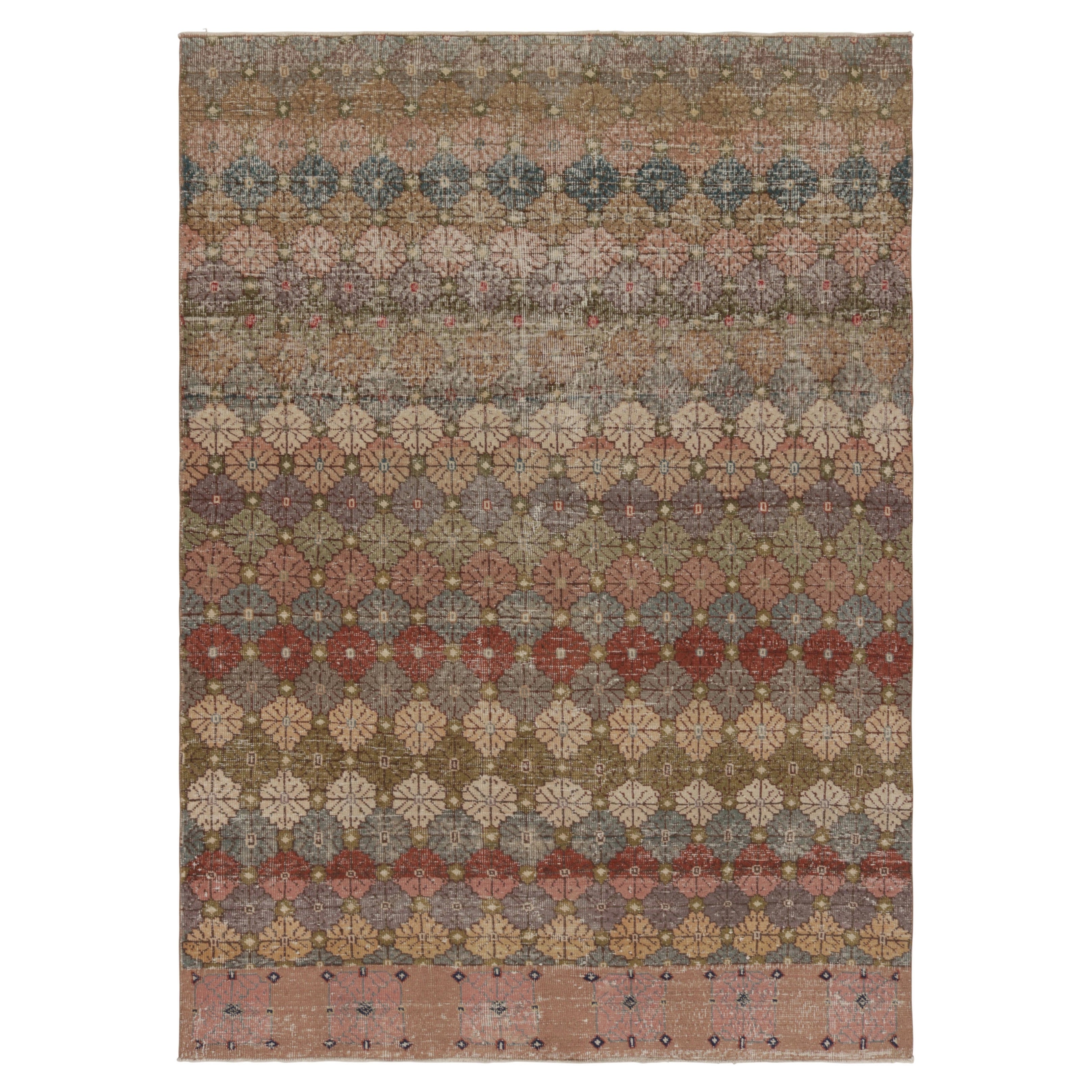 Vintage Distressed Rug, Polychromatic Geometric Floral Motifs - Rug & Kilim