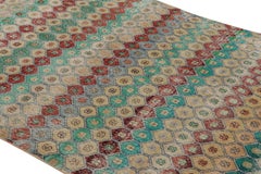 Vintage Distressed Rug, Polychromatic Hexagon Geometric Design- Rug & Kilim