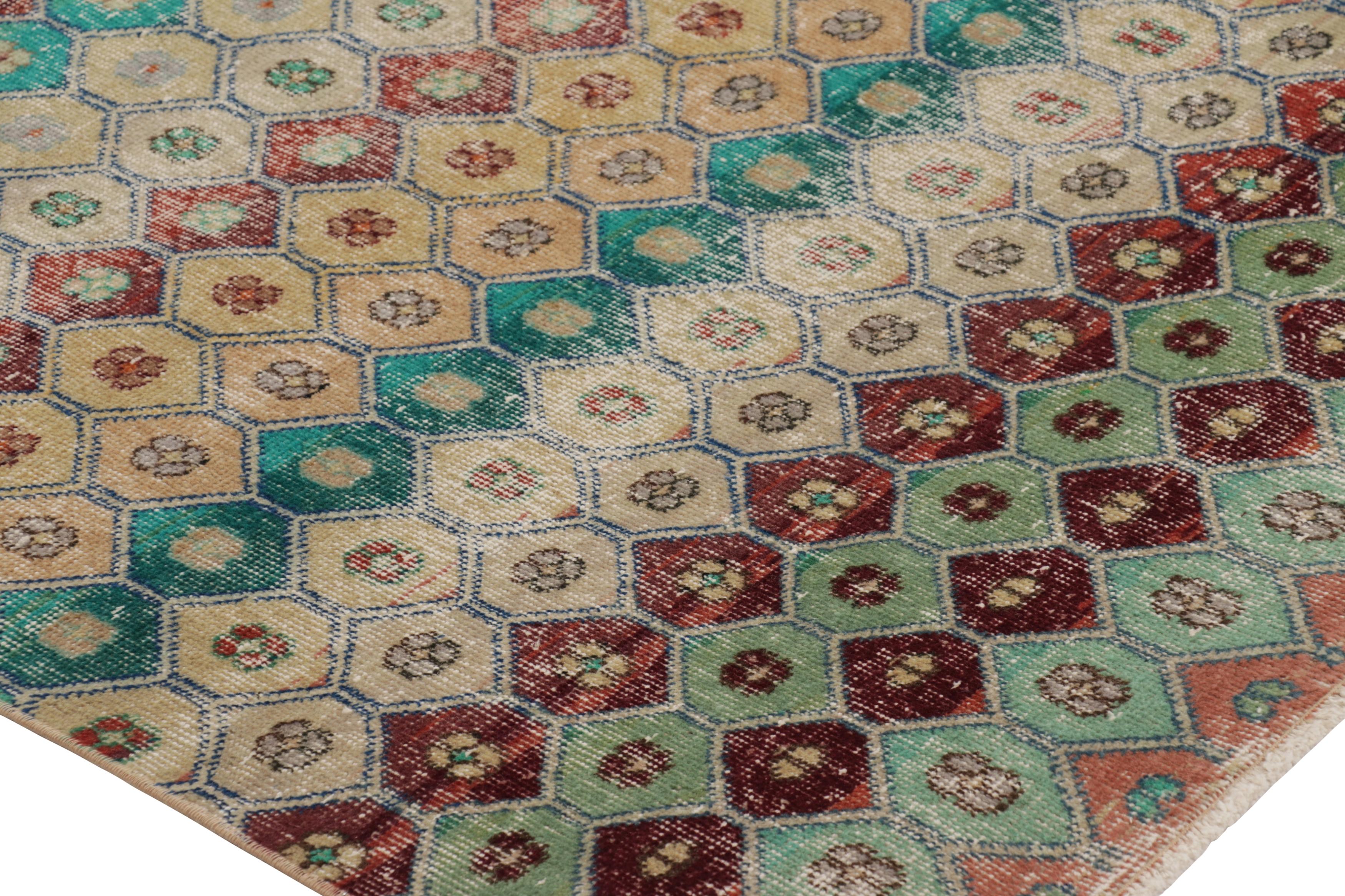 Turkish Vintage Distressed Rug, Polychromatic Hexagon Geometric Design- Rug & Kilim For Sale