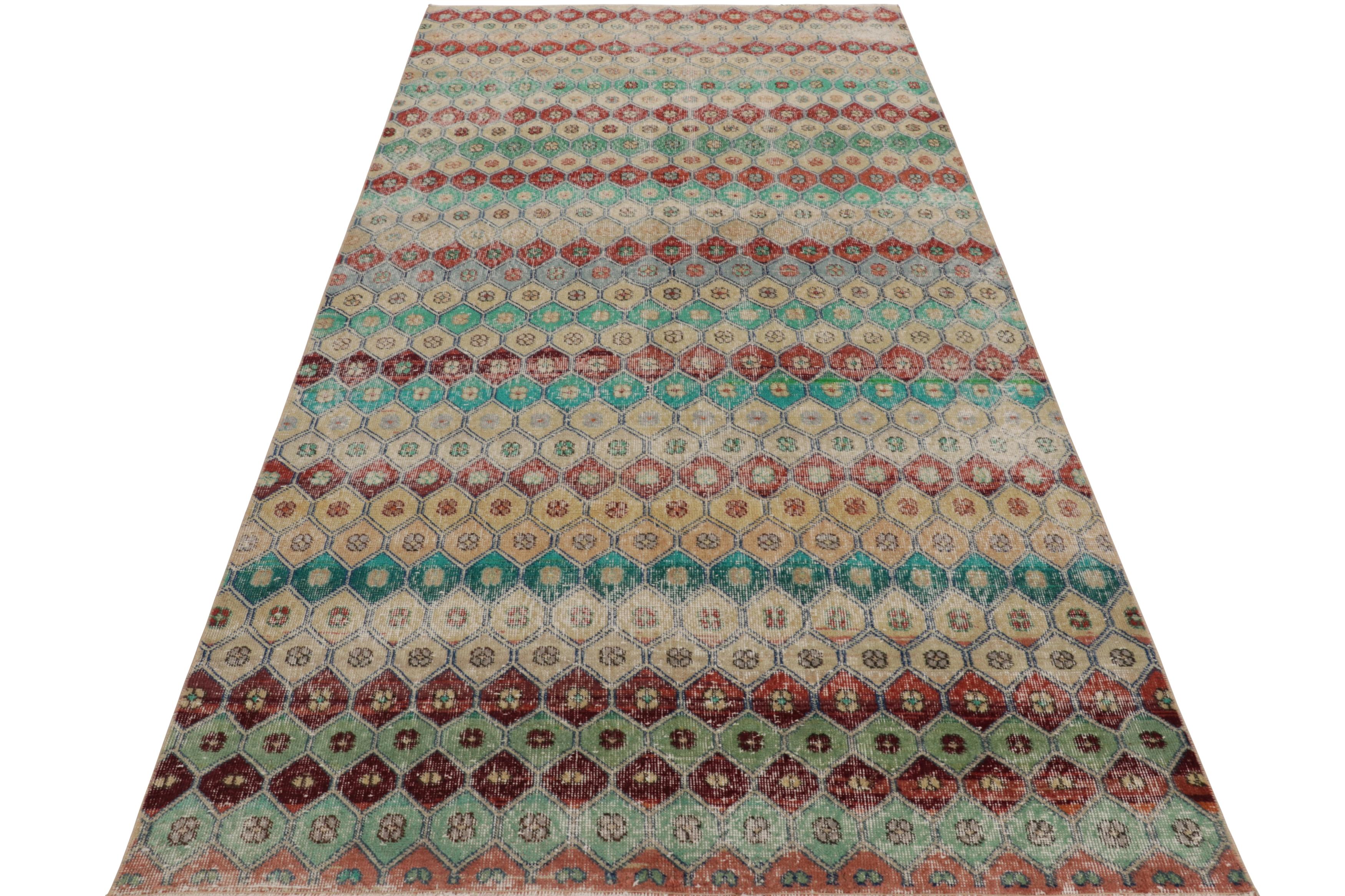 Hand-Knotted Vintage Distressed Rug, Polychromatic Hexagon Geometric Design- Rug & Kilim For Sale