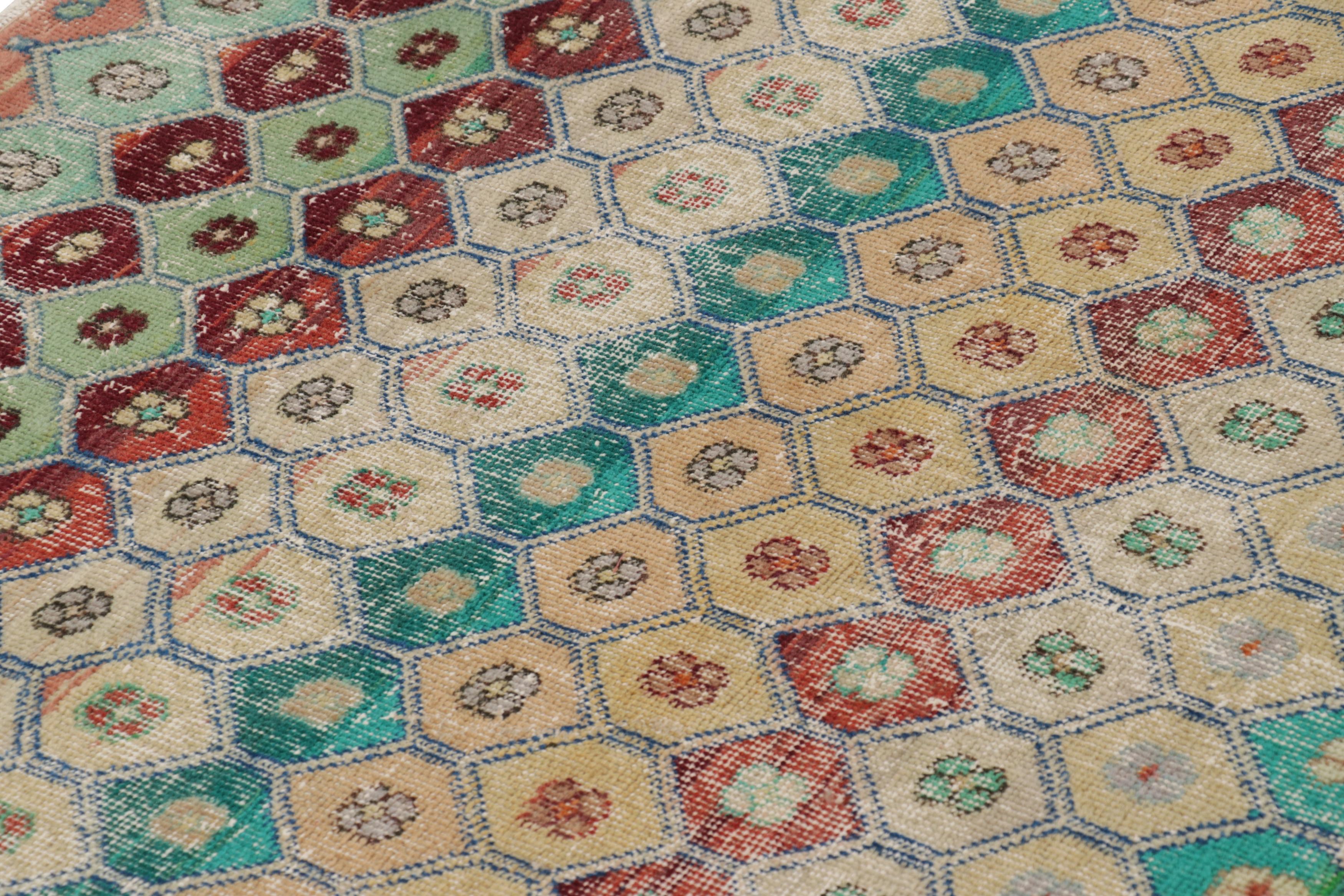 Mid-20th Century Vintage Distressed Rug, Polychromatic Hexagon Geometric Design- Rug & Kilim For Sale
