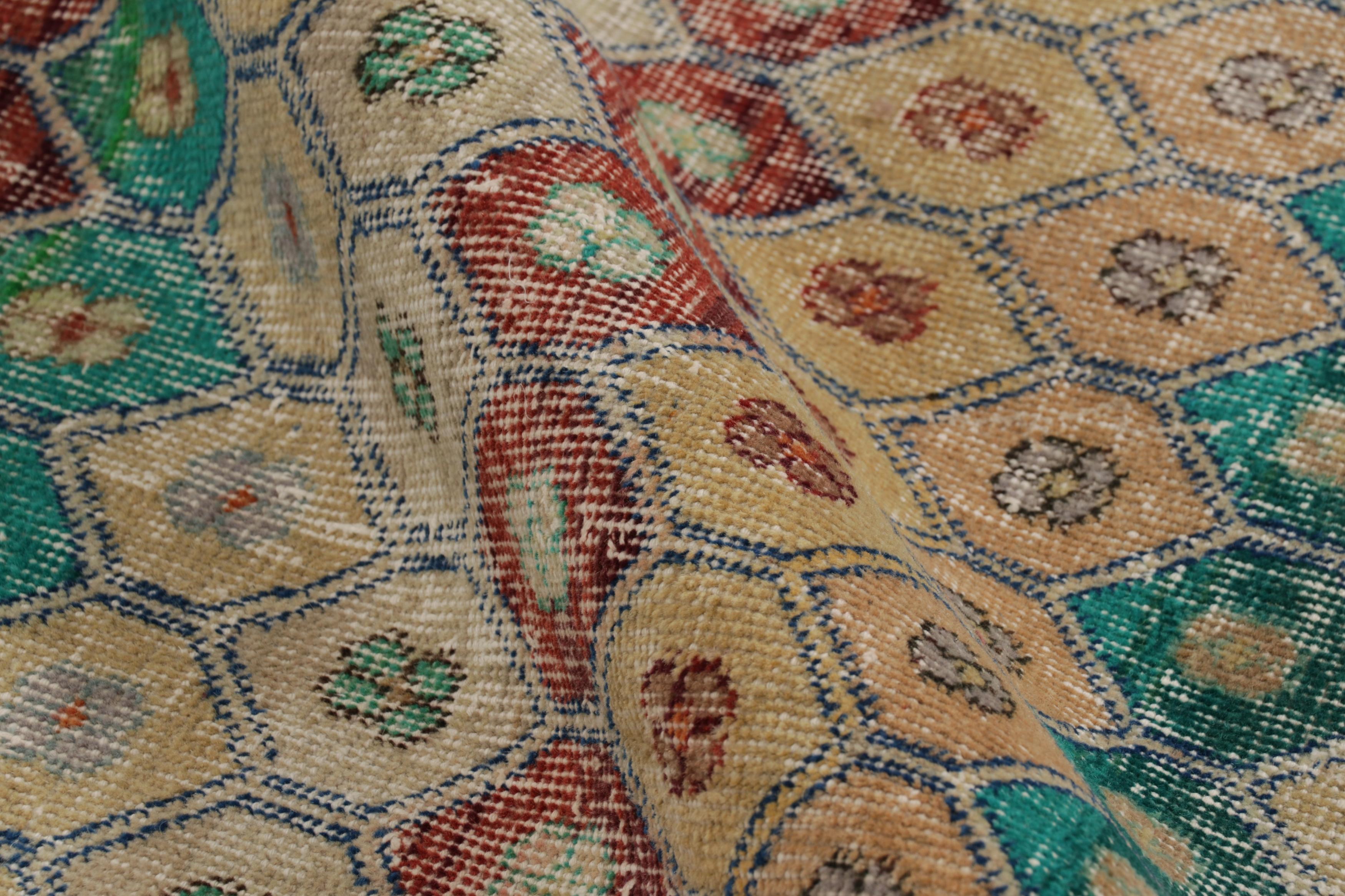 Wool Vintage Distressed Rug, Polychromatic Hexagon Geometric Design- Rug & Kilim For Sale