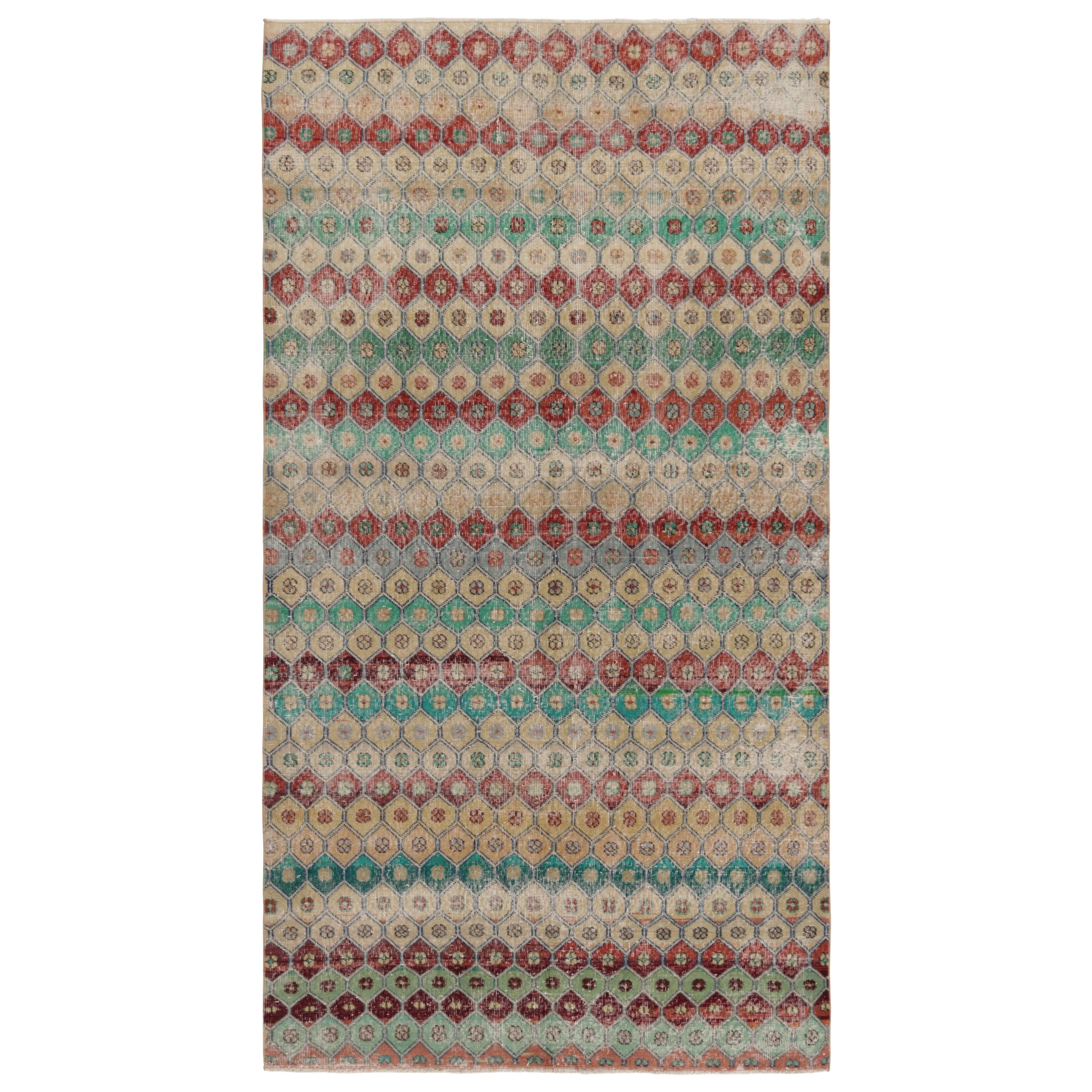 Vintage Distressed Rug, Polychromatic Hexagon Geometric Design- Rug & Kilim