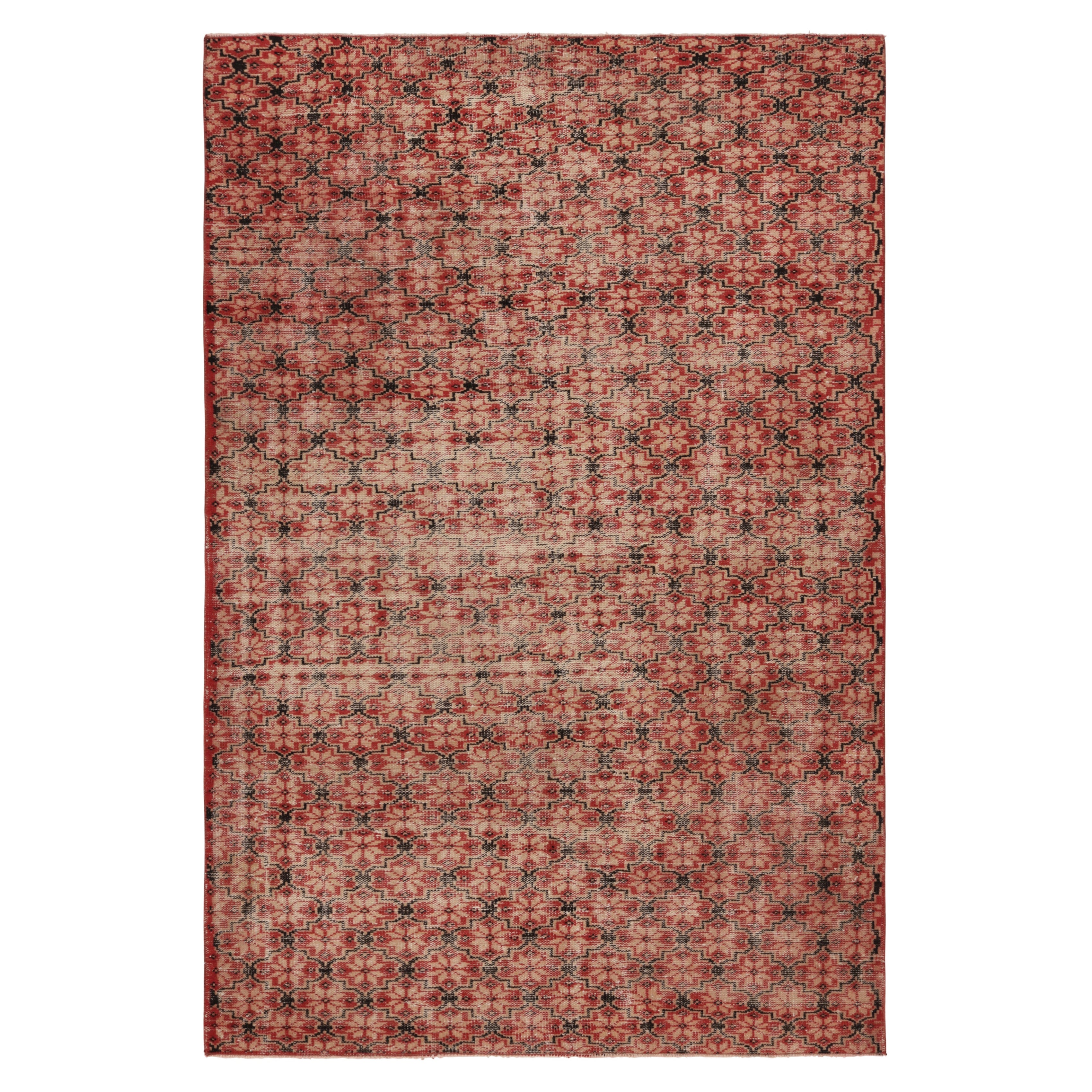 Geometrisches Muster in Rot und Beige - Vintage Distressed Rug - Rug & Kilim