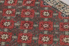 Vintage Distressed Rug, Red Diamond Star Lattice over Rich Brown - Rug & Kilim