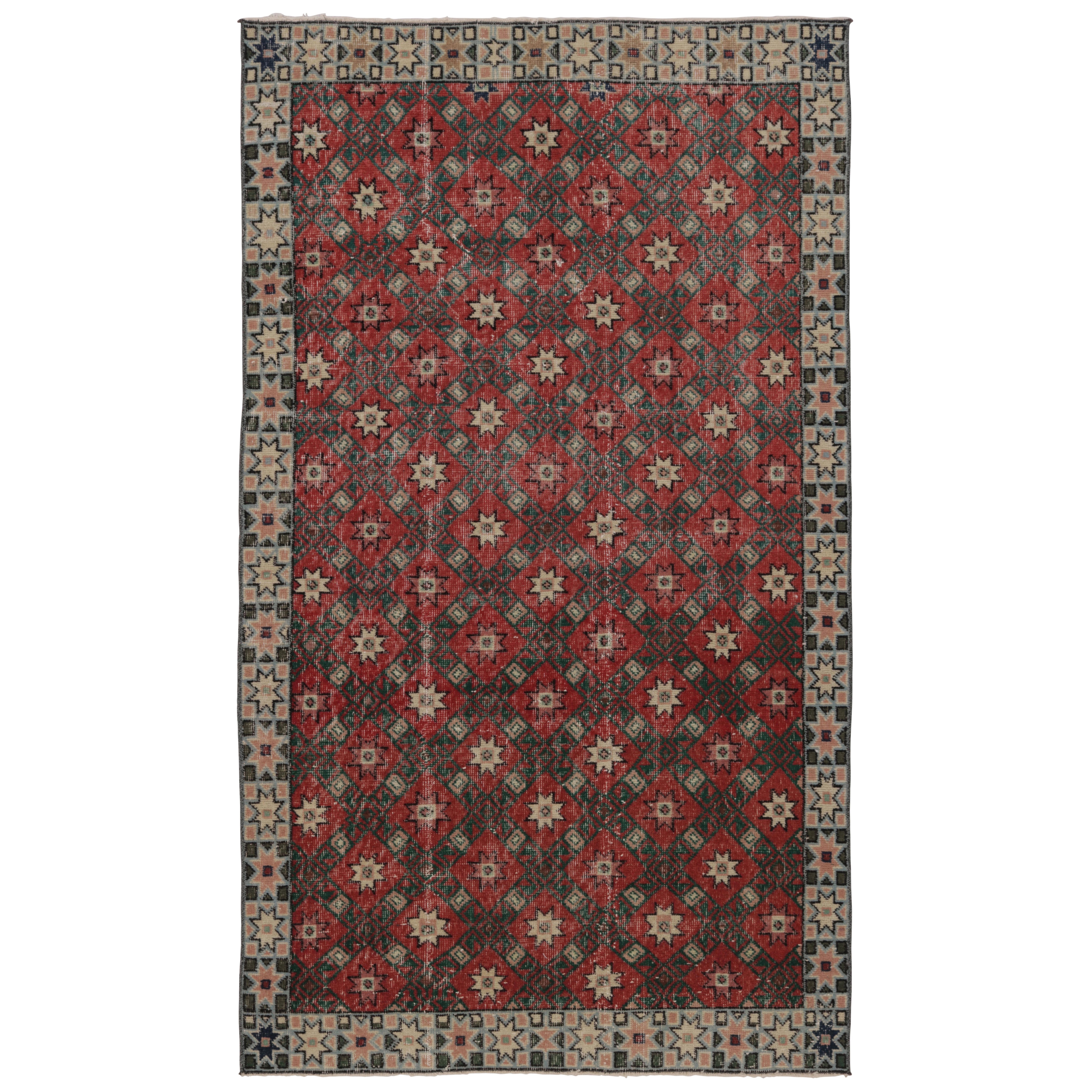 Vintage Distressed Rug, Red Diamond Star Lattice over Rich Brown - Rug 
Kilim For Sale