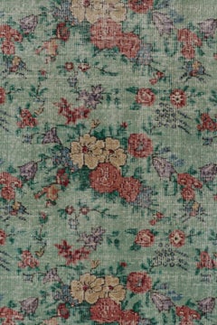 Vintage Distressed Rug, Soft Sage and Red Floral Allover Pattern - Rug & Kilim
