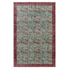Antique Distressed Rug, Soft Sage and Red Floral Allover Pattern - Rug & Kilim