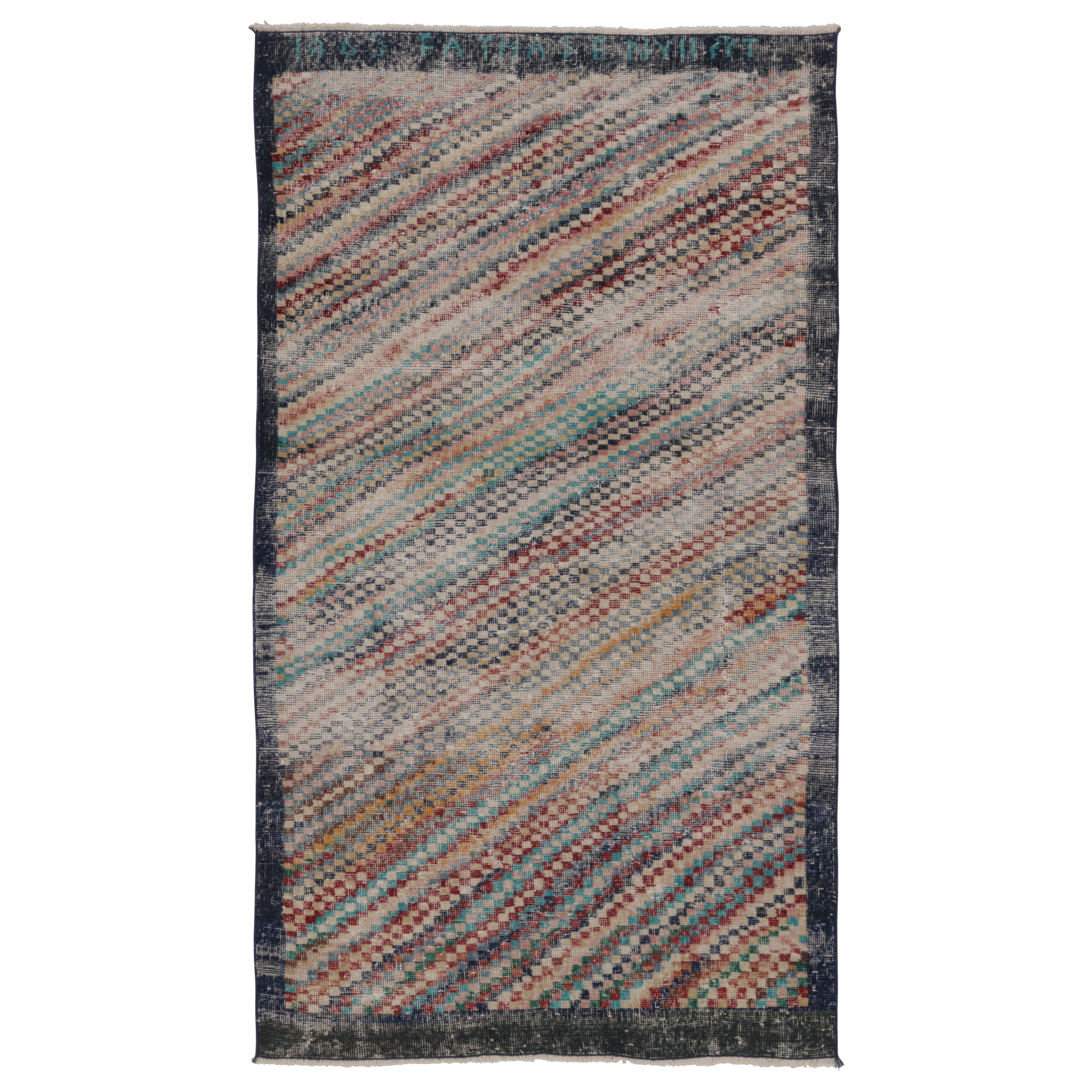 Vintage Distressed Rug, Vibrant Polychromatic Stripes on Navy Blue - Rug 
Kilim For Sale