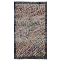 Vintage Distressed Rug, Vibrant Polychromatic Stripes on Navy Blue - Rug 
Kilim