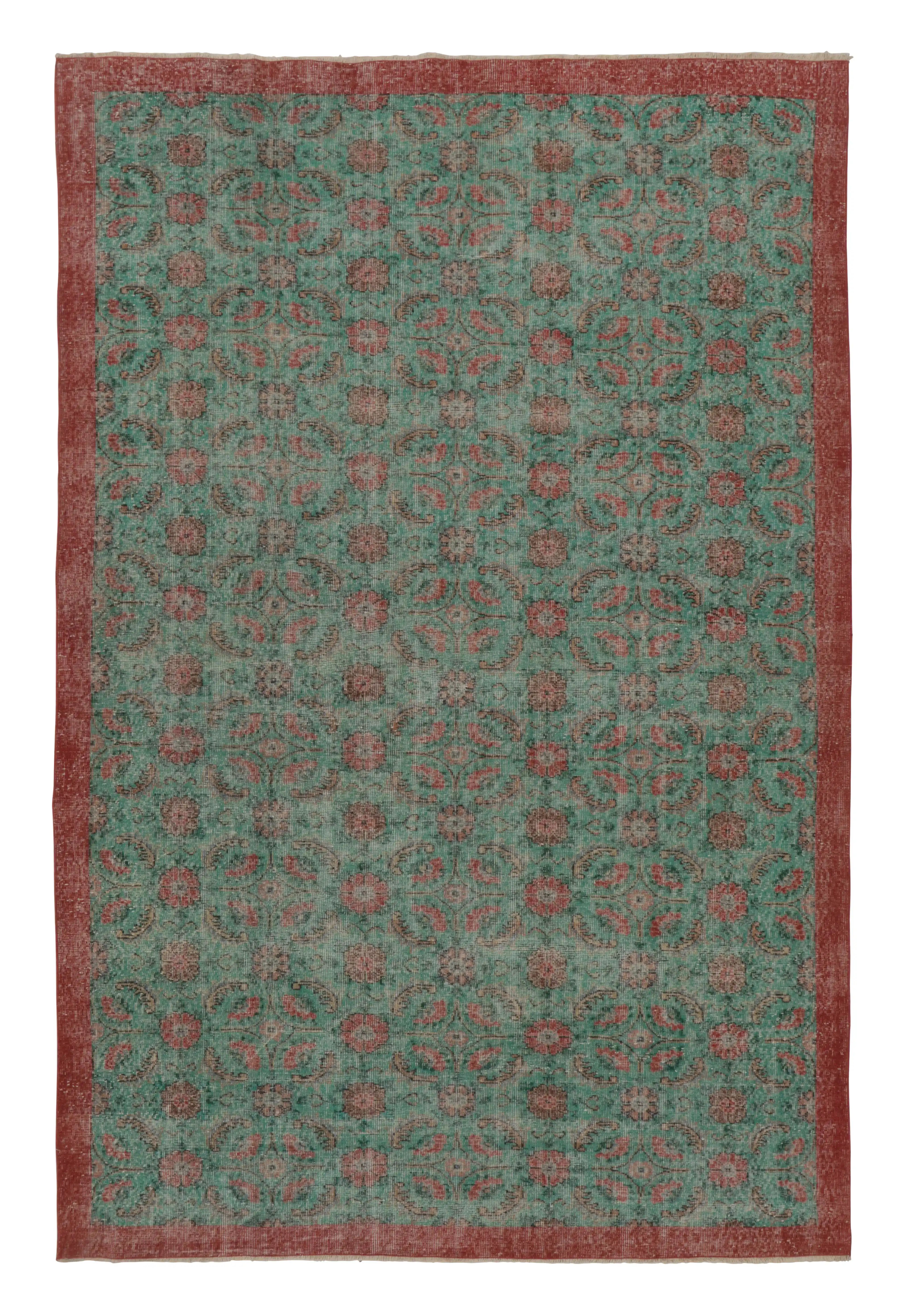 Vintage Distressed Rug with Teal and Red Floral Patterns - Rug & Kilim