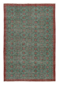Tapis vintage vieilli à motifs floraux sarcelle et rouge - Rug & Kilim