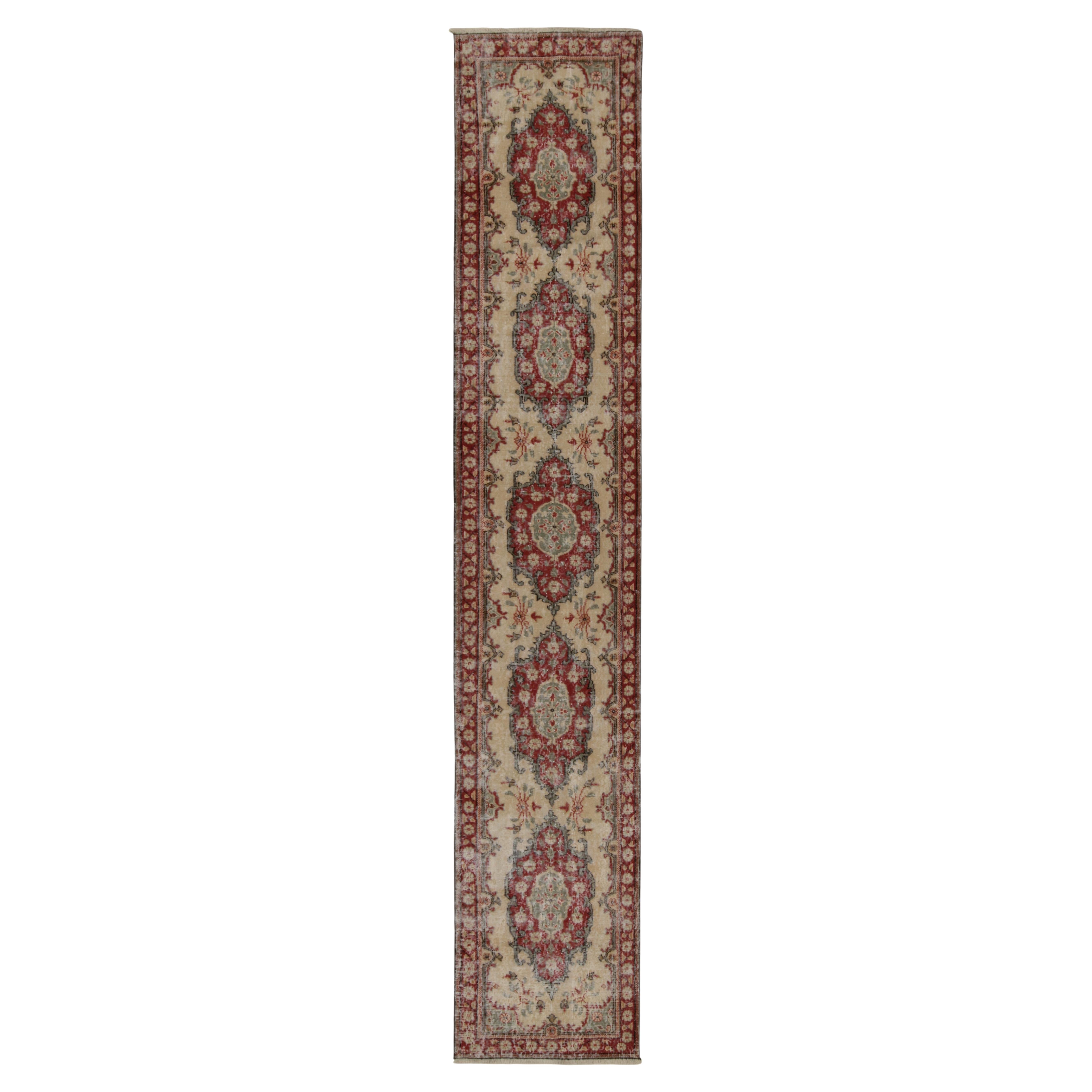 Vintage Distressed Runner in Beige with Red & Green Medallions - by Rug & Kilim For Sale