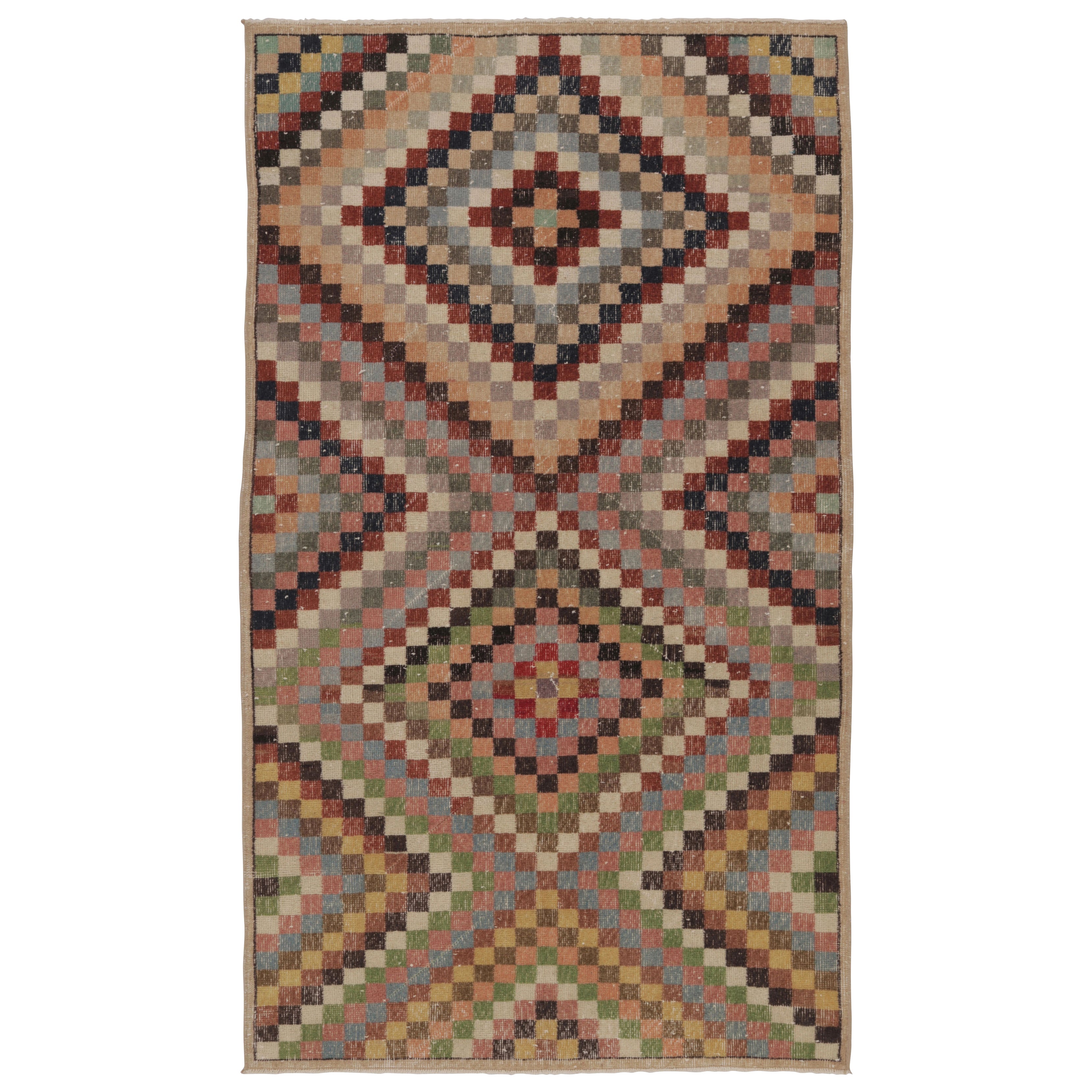 Vintage Distressed Runner, Polychromatic Checkered Diamonds - Rug 
Kilim For Sale