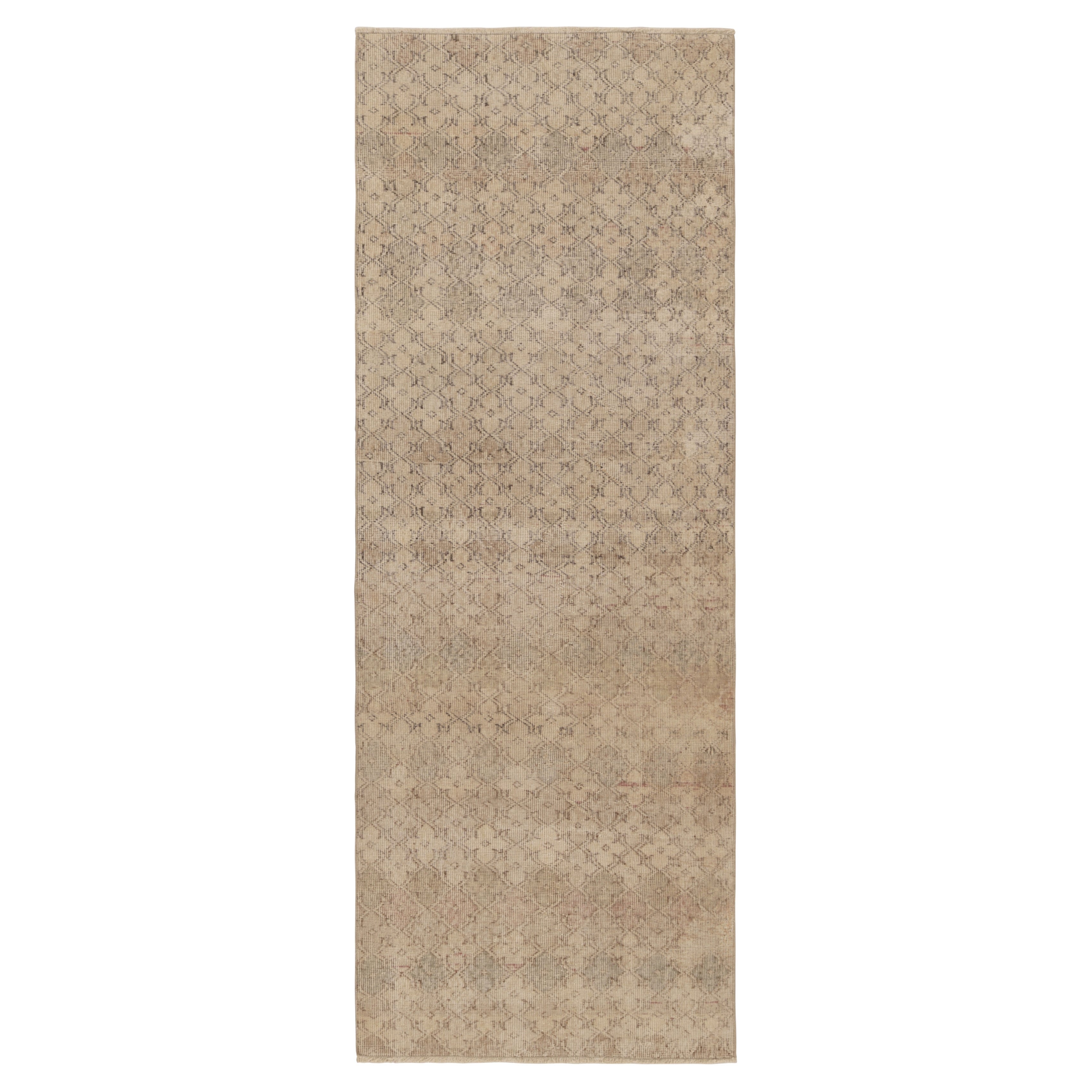 Vintage Distressed Runner Rug, Beige and Brown Geometric Pattern - Rug & Kilim