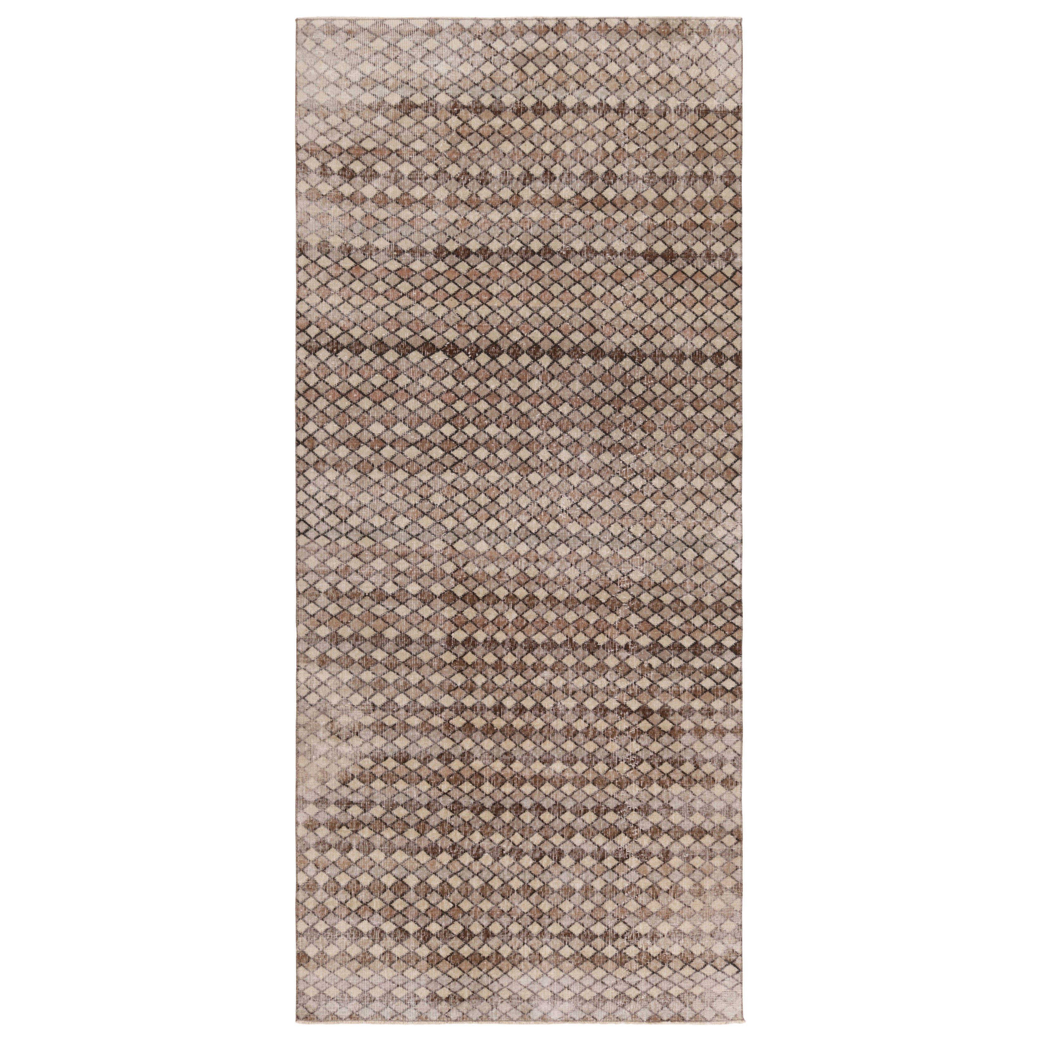 Vintage Distressed Runner Rug, Beige and Brown Geometric Pattern - Rug & Kilim
