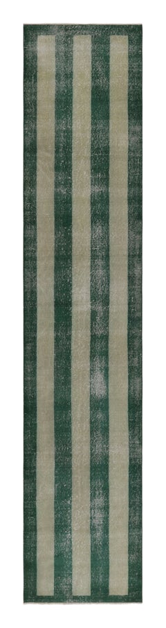 Vintage Distressed Runner Rug, Beige and Green Horizontal Stripes - Rug & Kilim