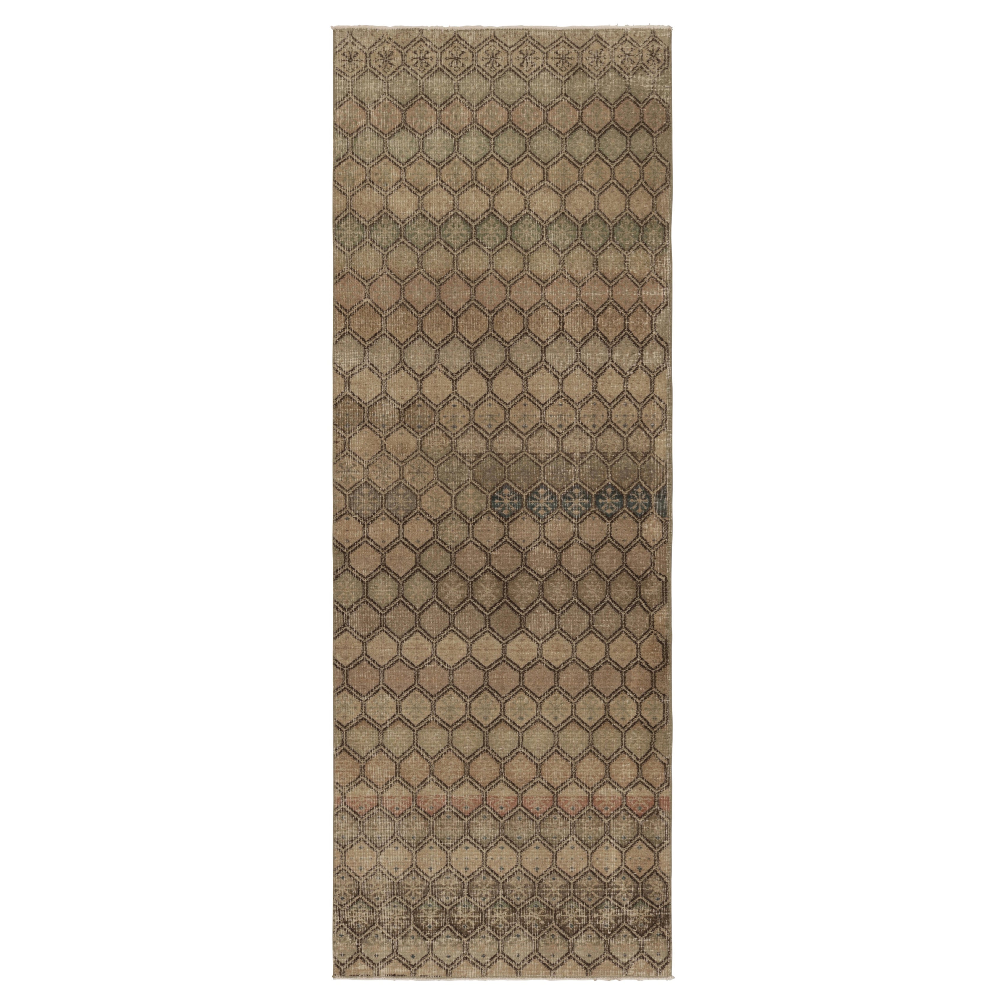 Vintage Distressed Runner Rug, Beige-Brown Geometric Pattern - Rug & Kilim