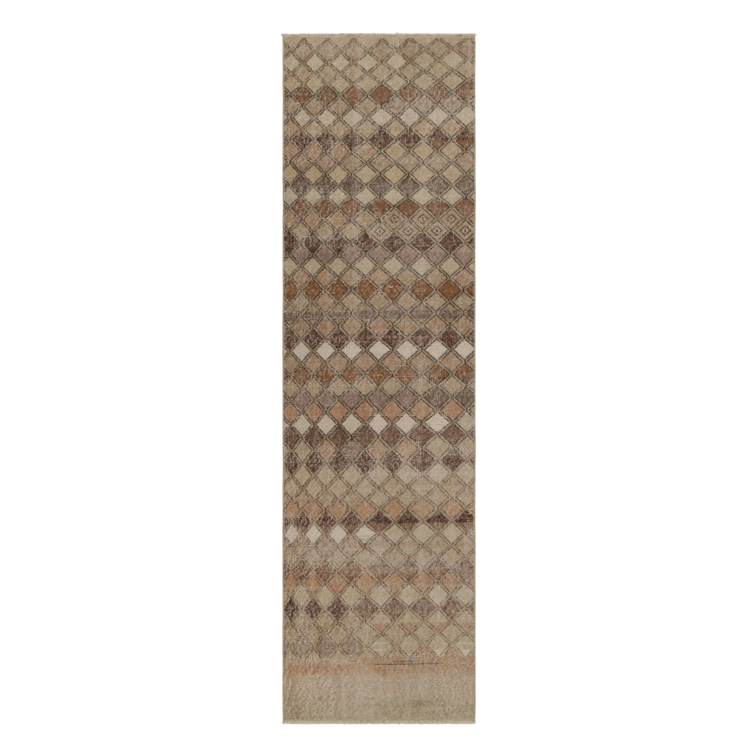 Vintage Distressed Runner Rug, Beige-Brown & Gold Geometric Design - Rug & Kilim