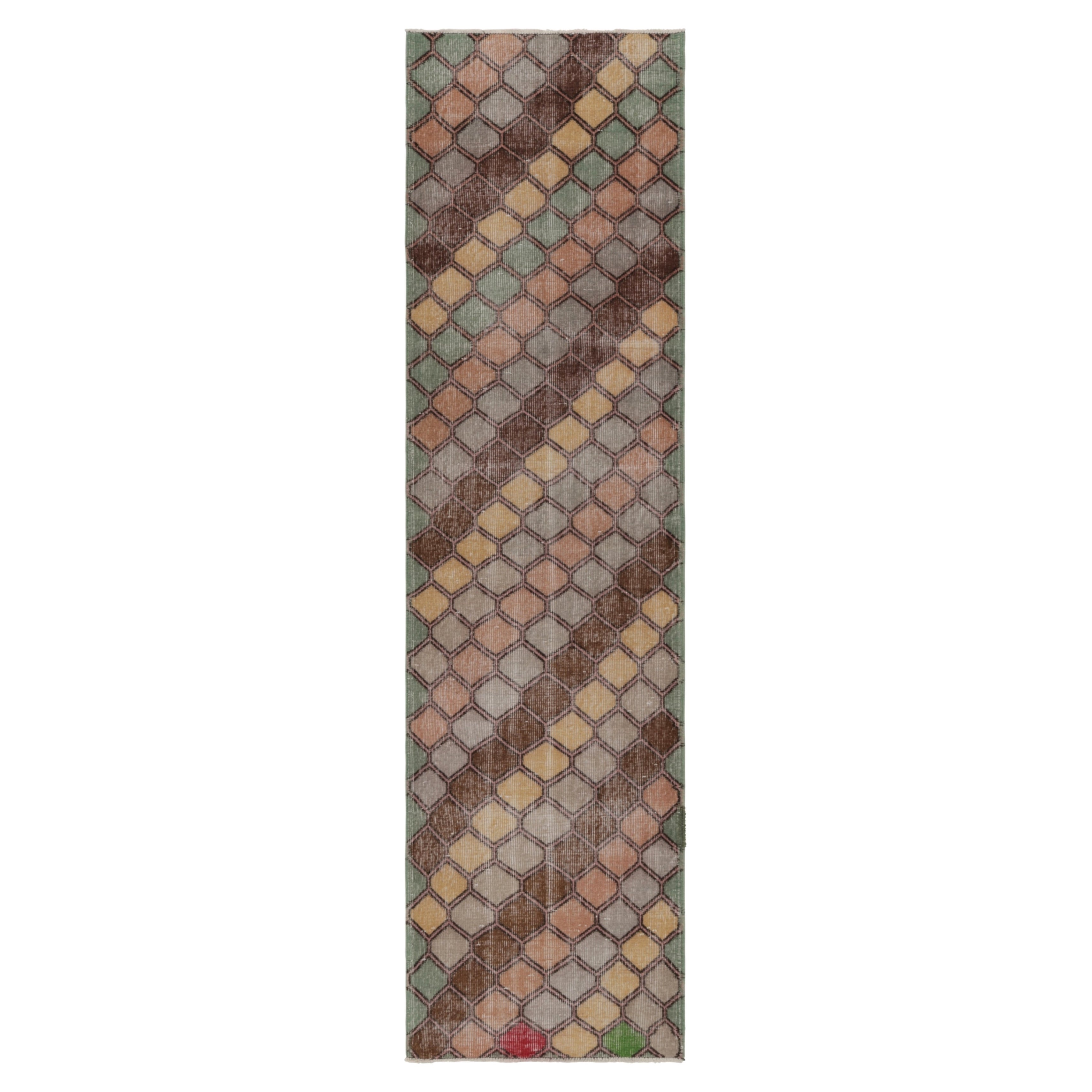 Vintage Distressed Läufer Teppich, buntes diagonales geometrisches Design - Rug & Kilim