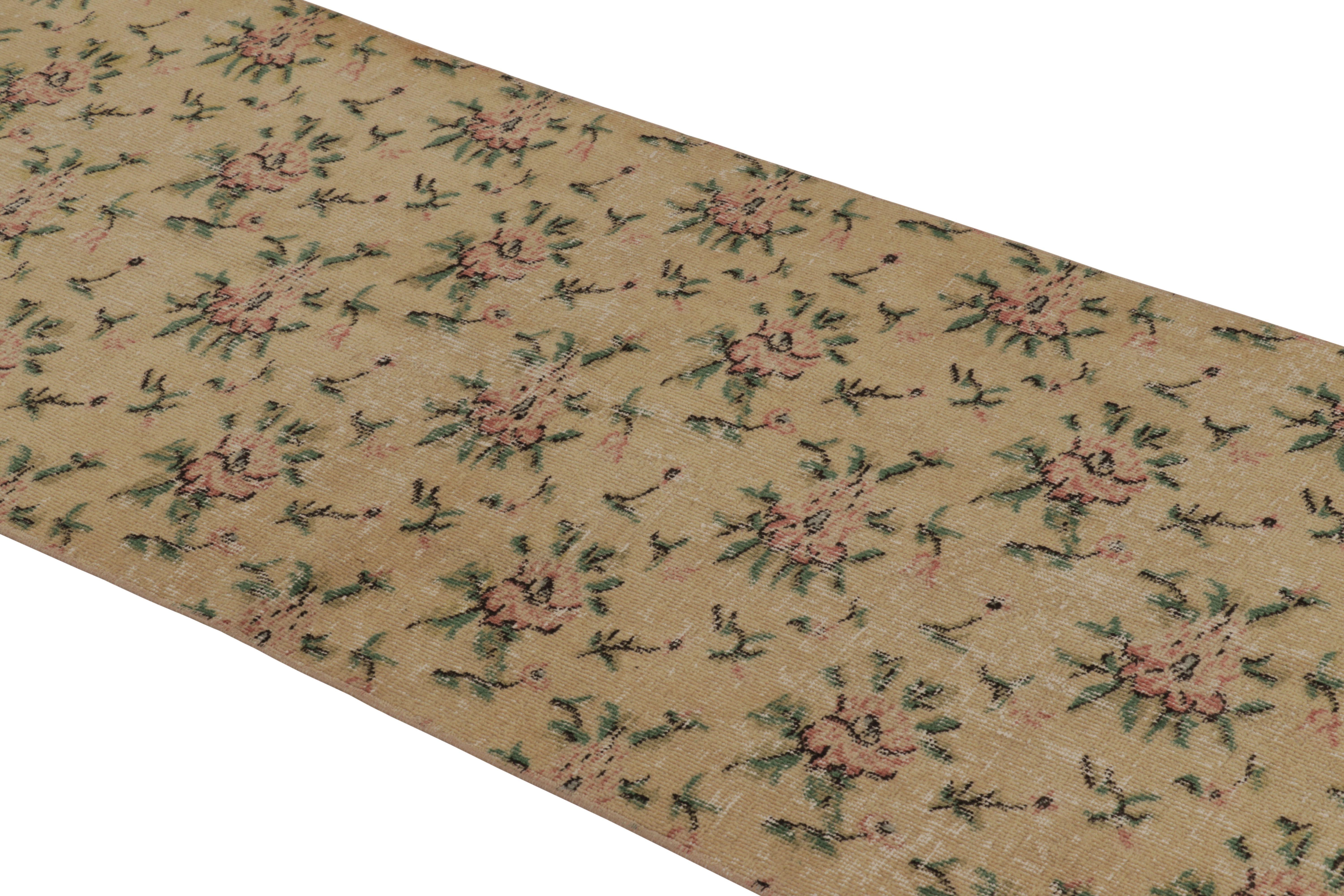 Hand-Knotted Vintage Distressed Runner Rug, Gold with Soft Pink Floral Pattern - Rug & Kilim For Sale