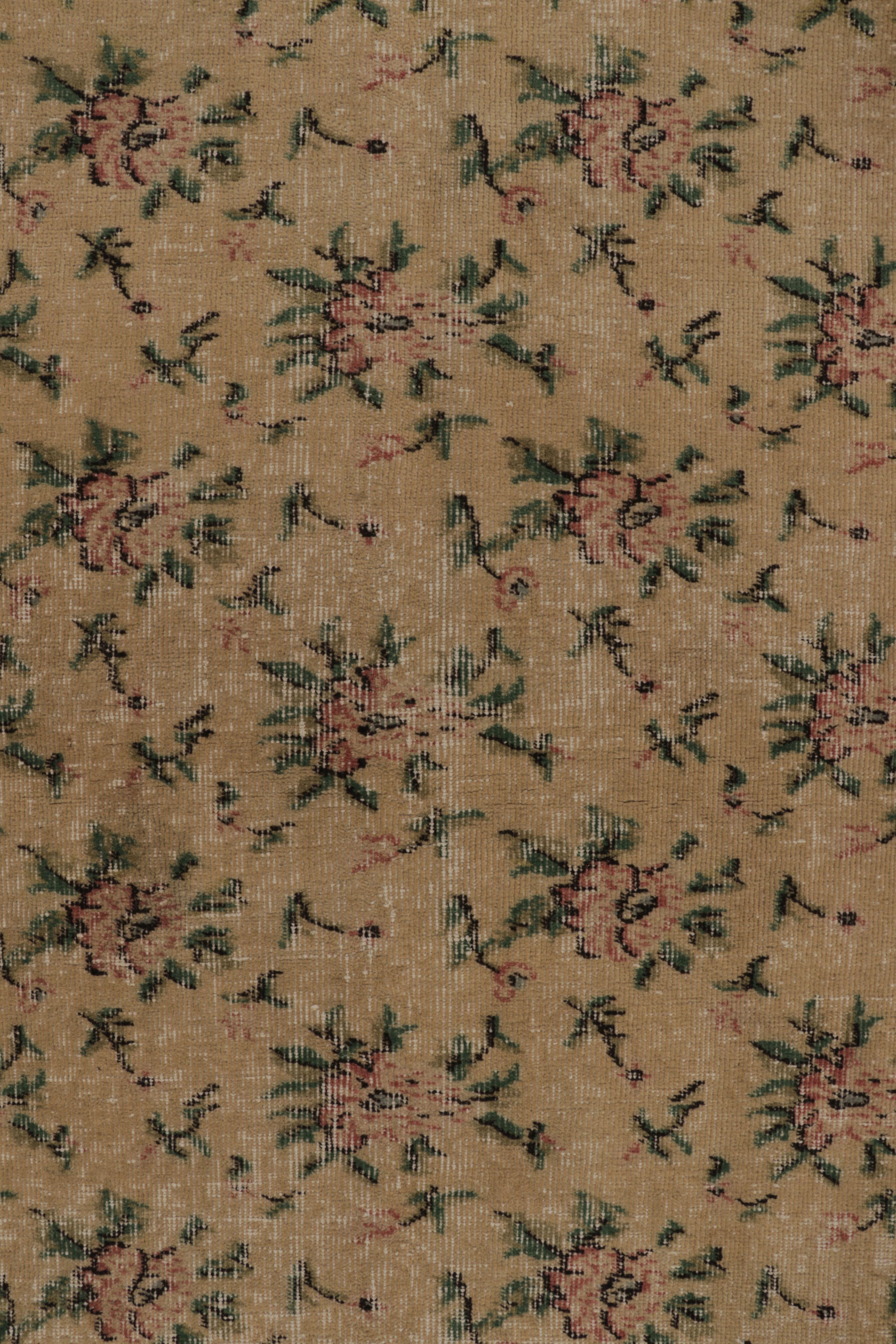 Mid-20th Century Vintage Distressed Runner Rug, Gold with Soft Pink Floral Pattern - Rug & Kilim For Sale