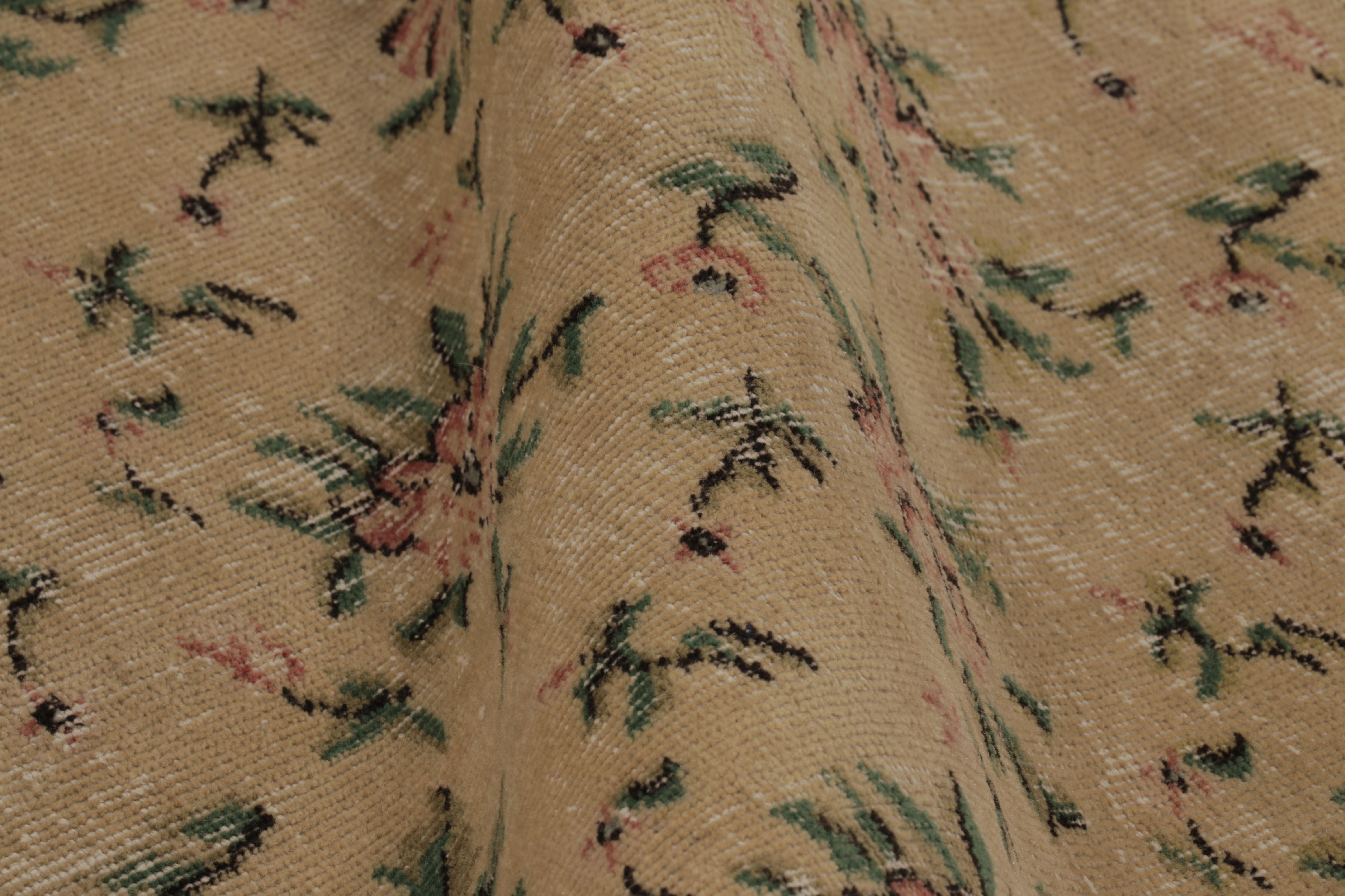 Wool Vintage Distressed Runner Rug, Gold with Soft Pink Floral Pattern - Rug & Kilim For Sale